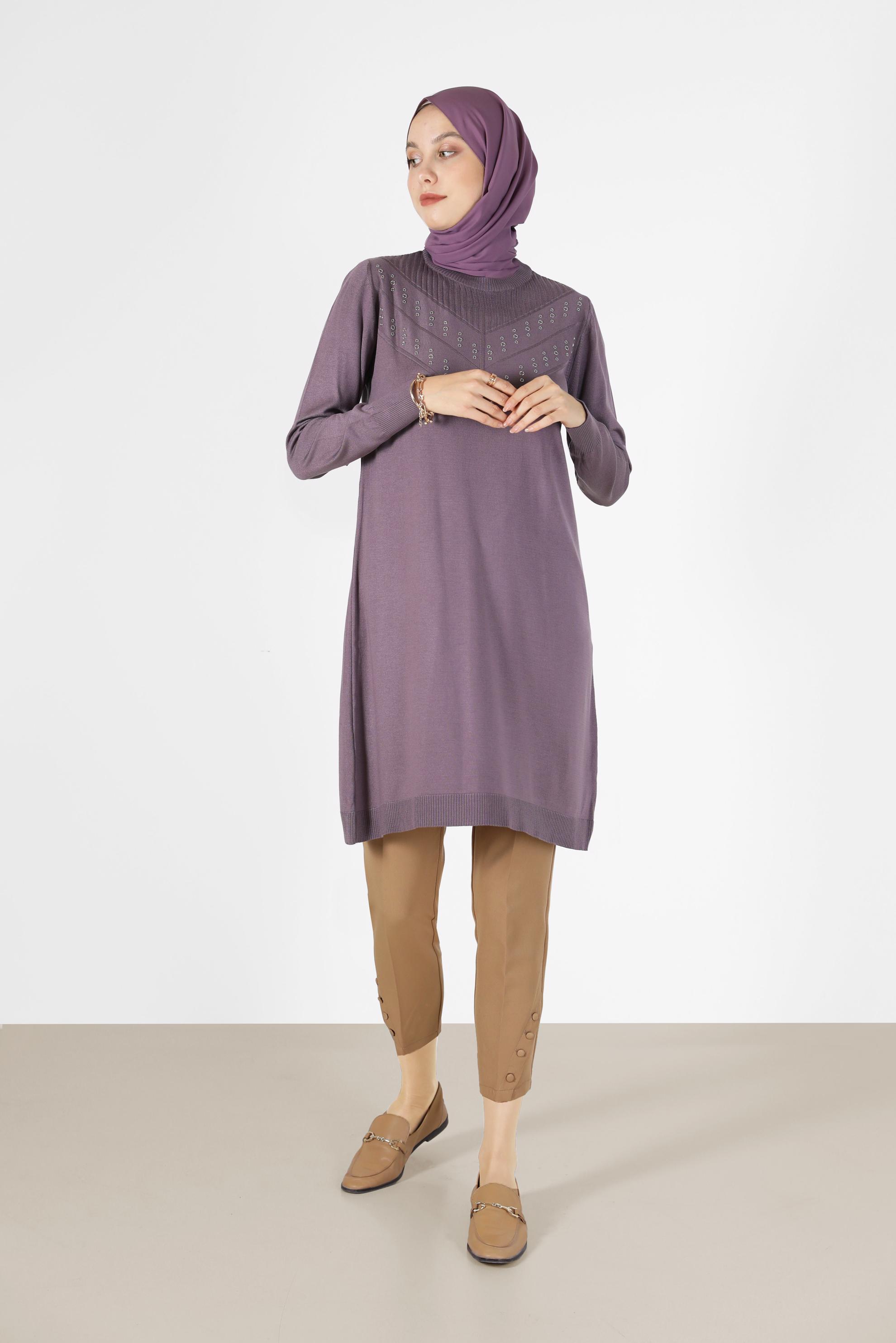 Tesettür giyim MOR METAL AKSESUAR DETAYLI TRİKO TUNİK 42046 