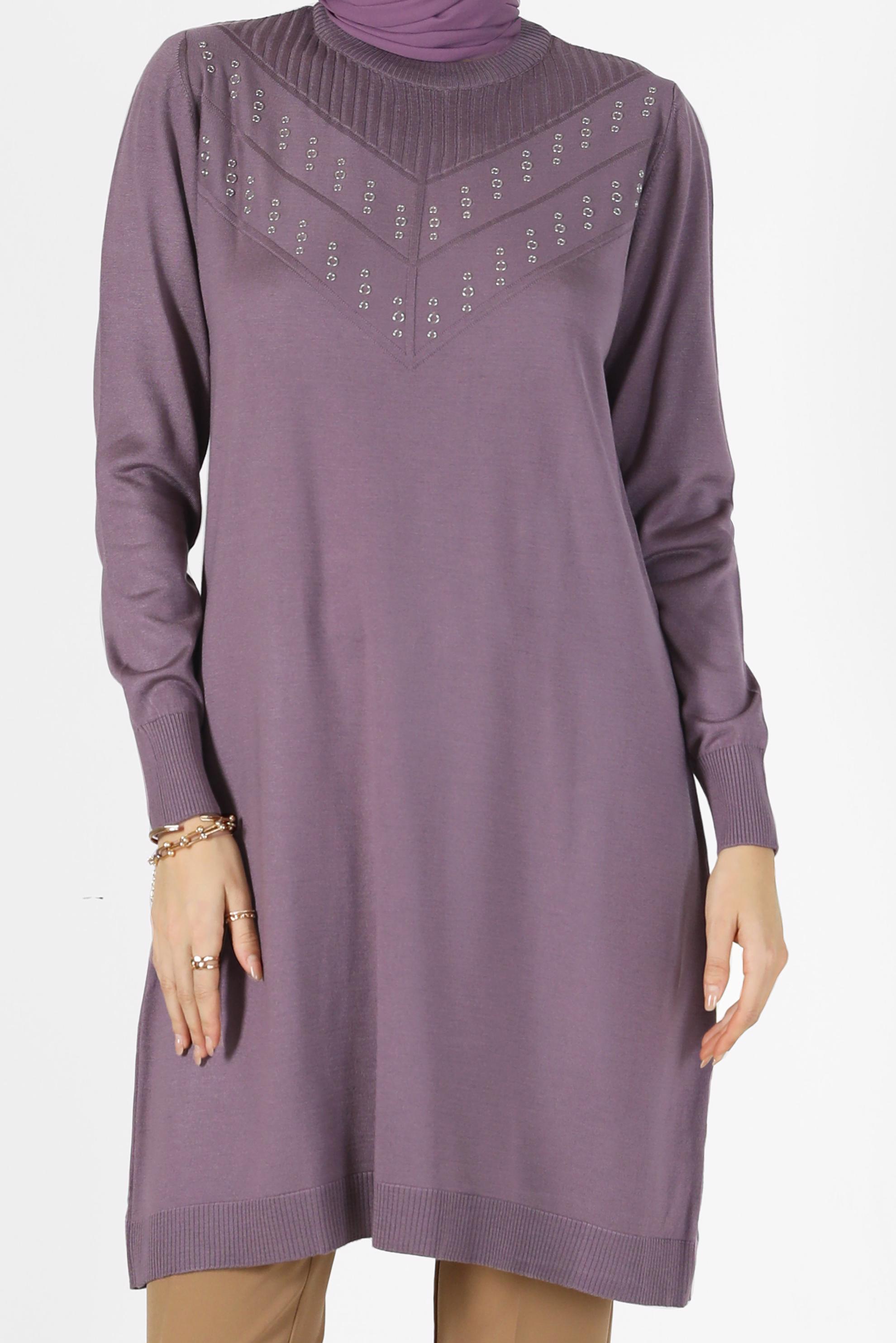 Tesettür giyim MOR METAL AKSESUAR DETAYLI TRİKO TUNİK 42046 