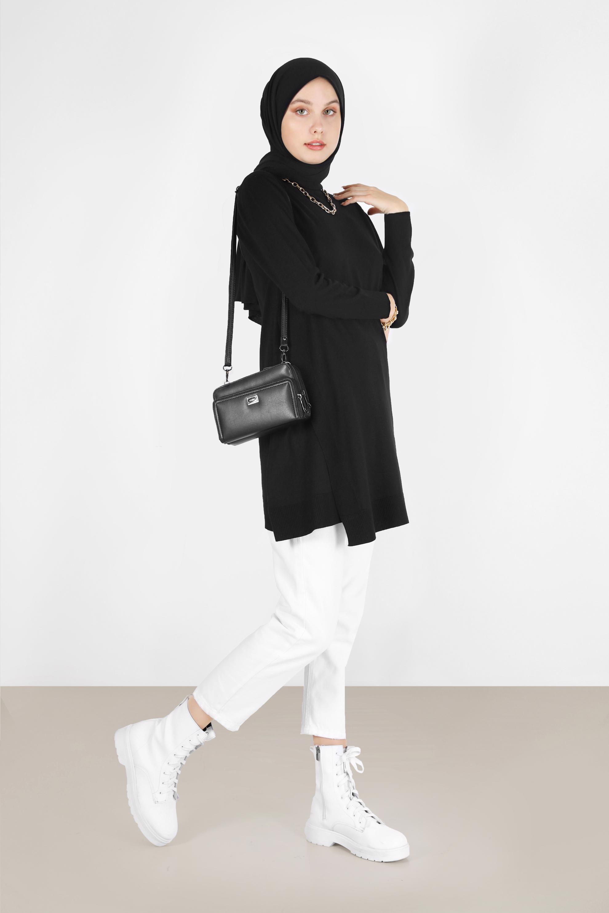 Tesettür giyim SİYAH ASİMETRİK KESİM BASIC TRİKO TUNİK 42048 