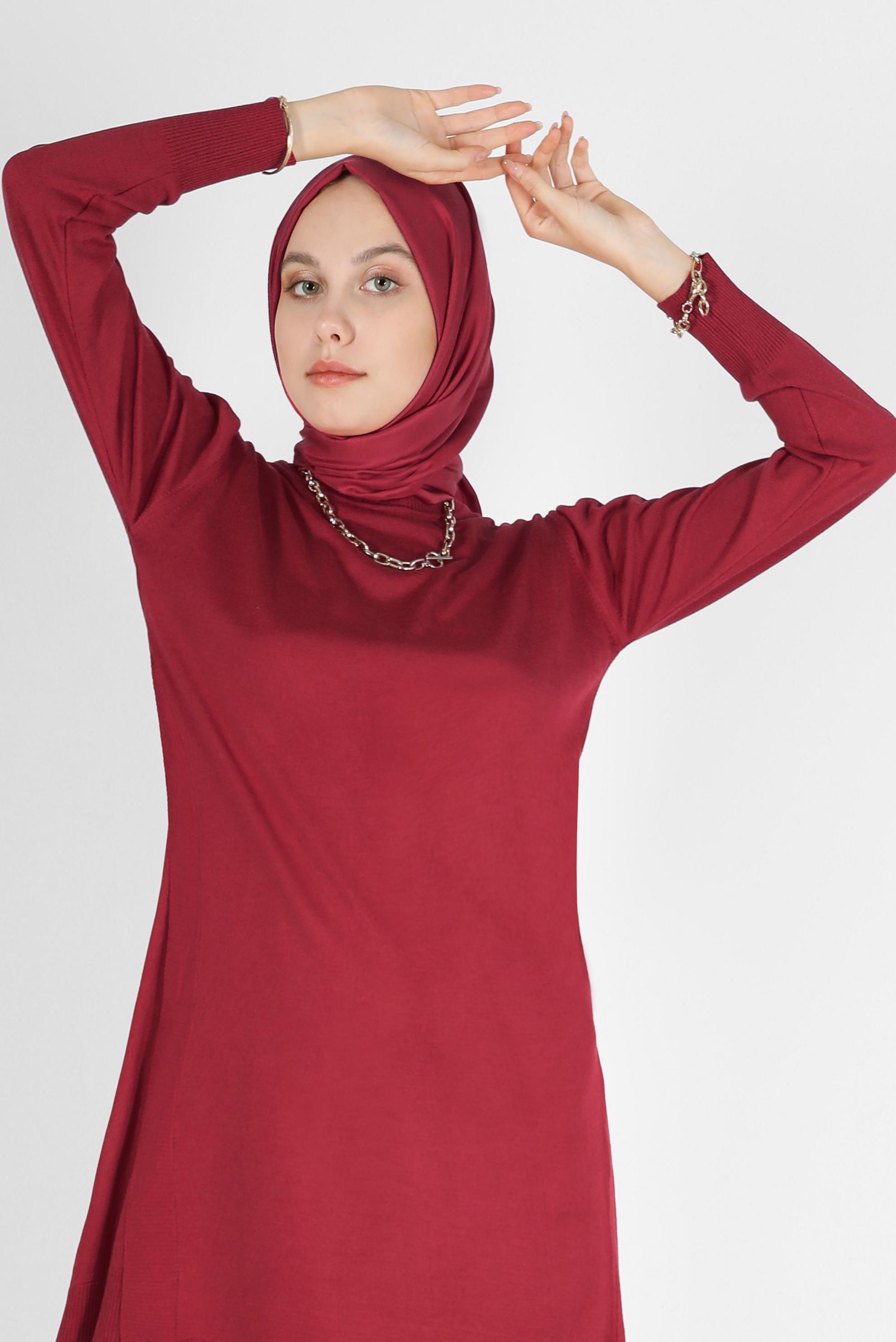 Tesettür giyim KIRMIZI ASİMETRİK KESİM BASIC TRİKO TUNİK 42048 