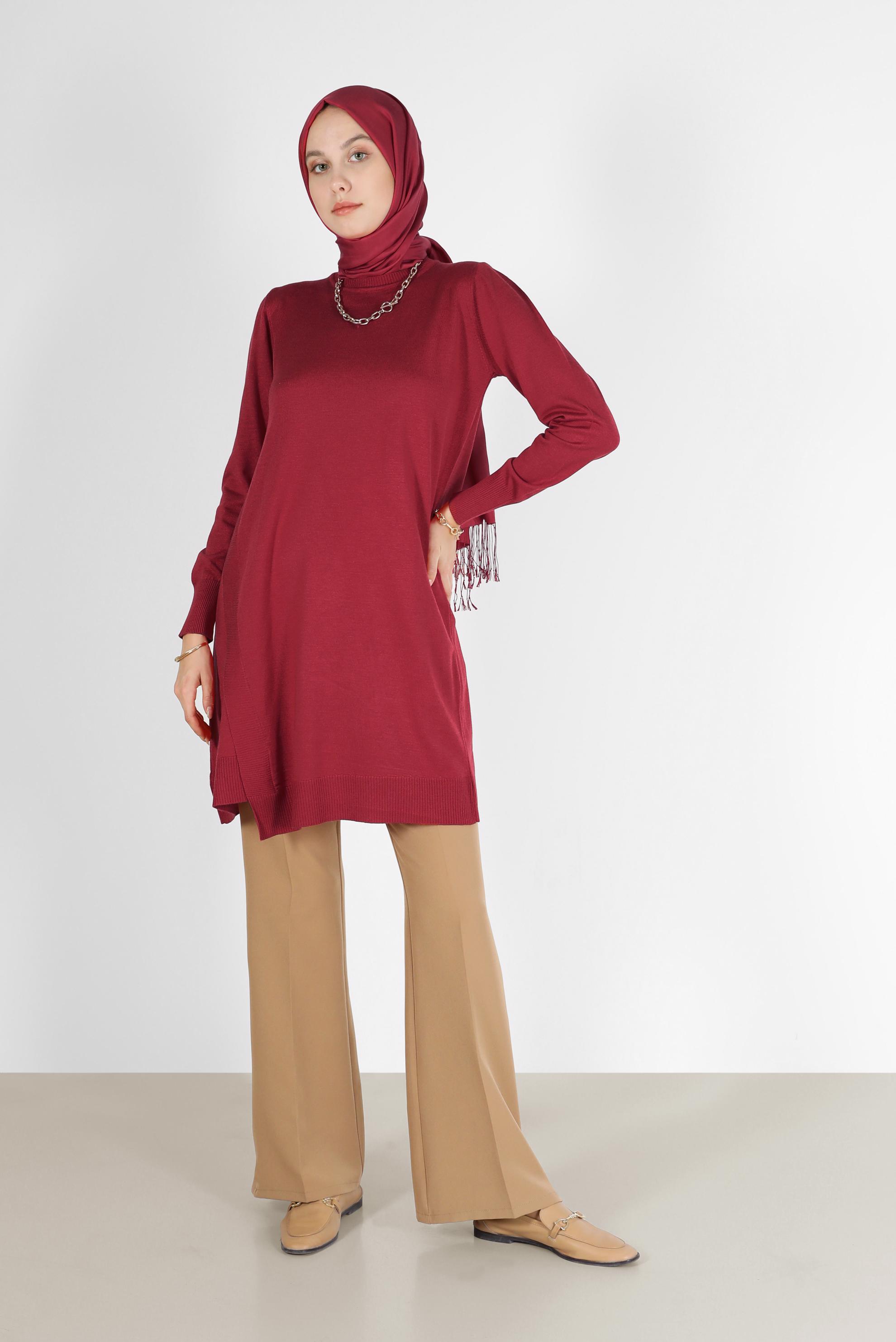 Tesettür giyim KIRMIZI ASİMETRİK KESİM BASIC TRİKO TUNİK 42048 