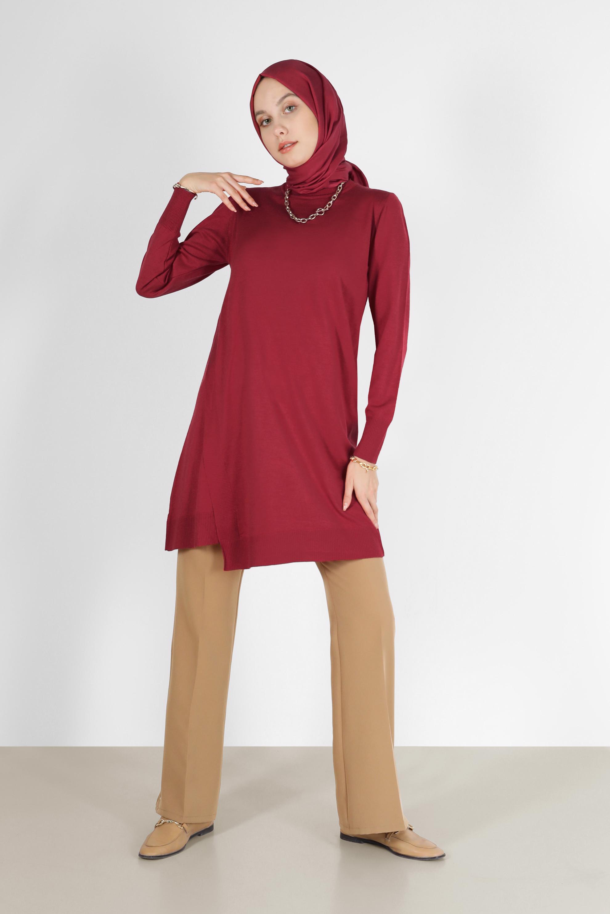 Tesettür giyim KIRMIZI ASİMETRİK KESİM BASIC TRİKO TUNİK 42048 