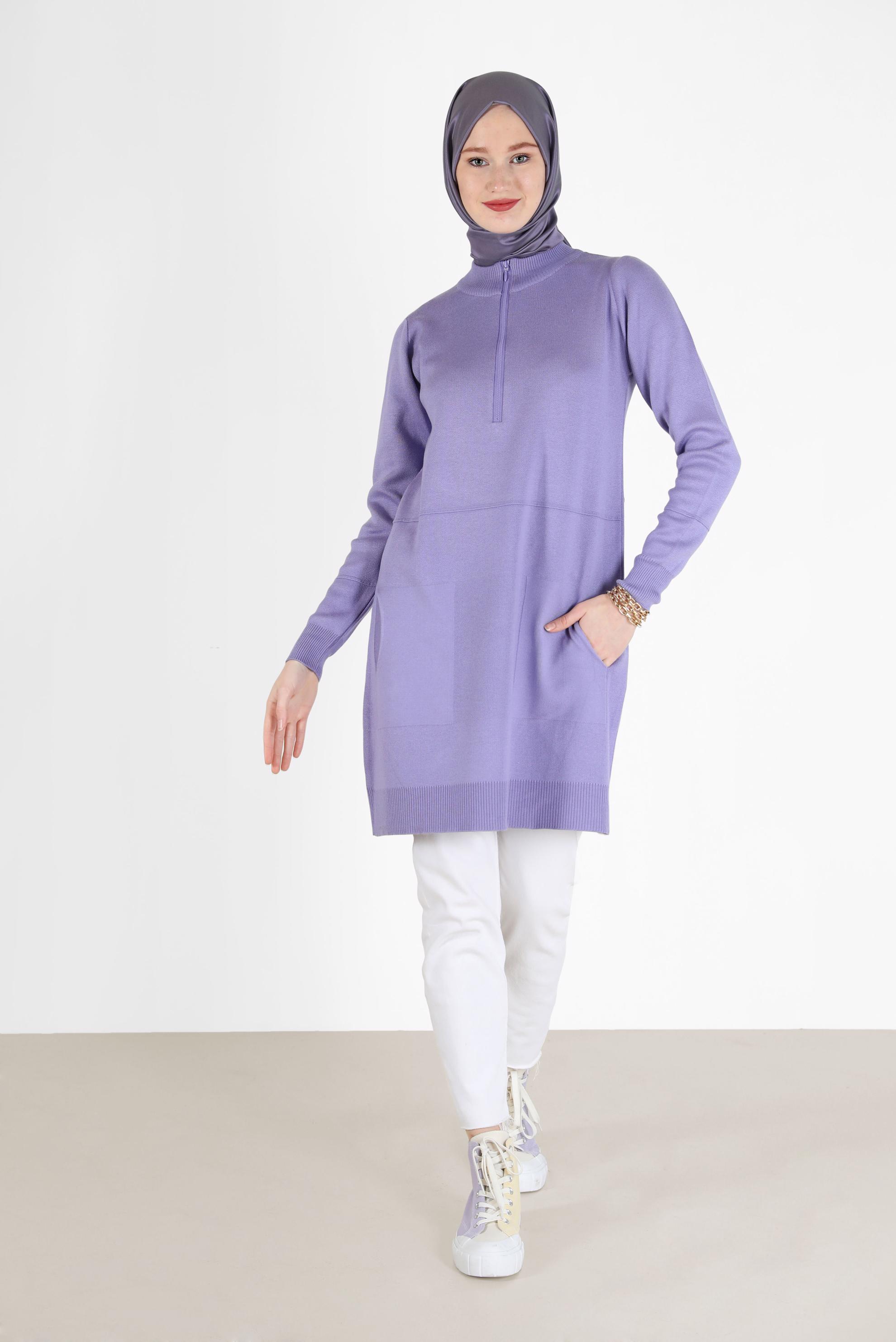 Tesettür giyim MOR FERMUAR DETAYLI TRİKO TUNİK 42049 