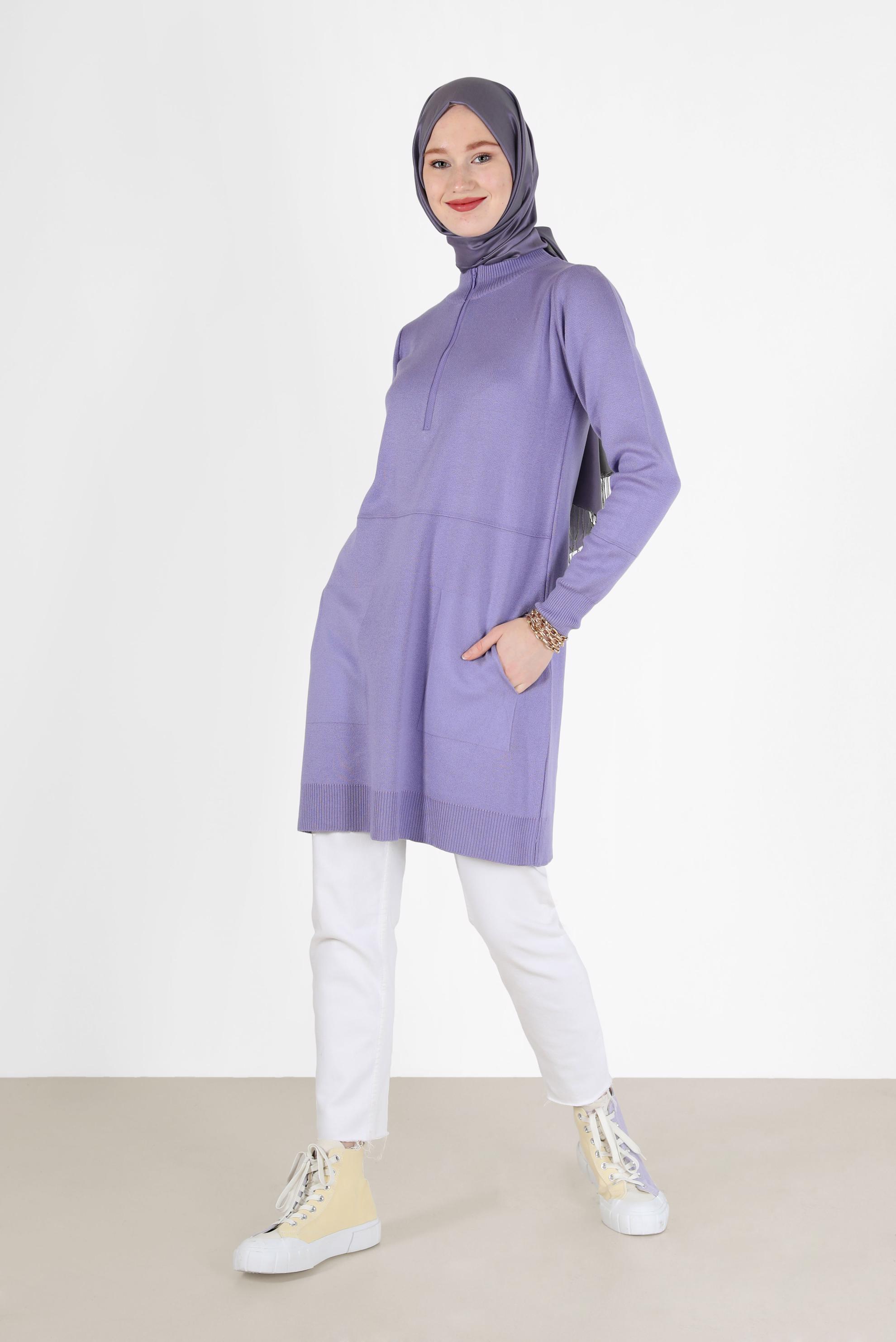 Tesettür giyim MOR FERMUAR DETAYLI TRİKO TUNİK 42049 
