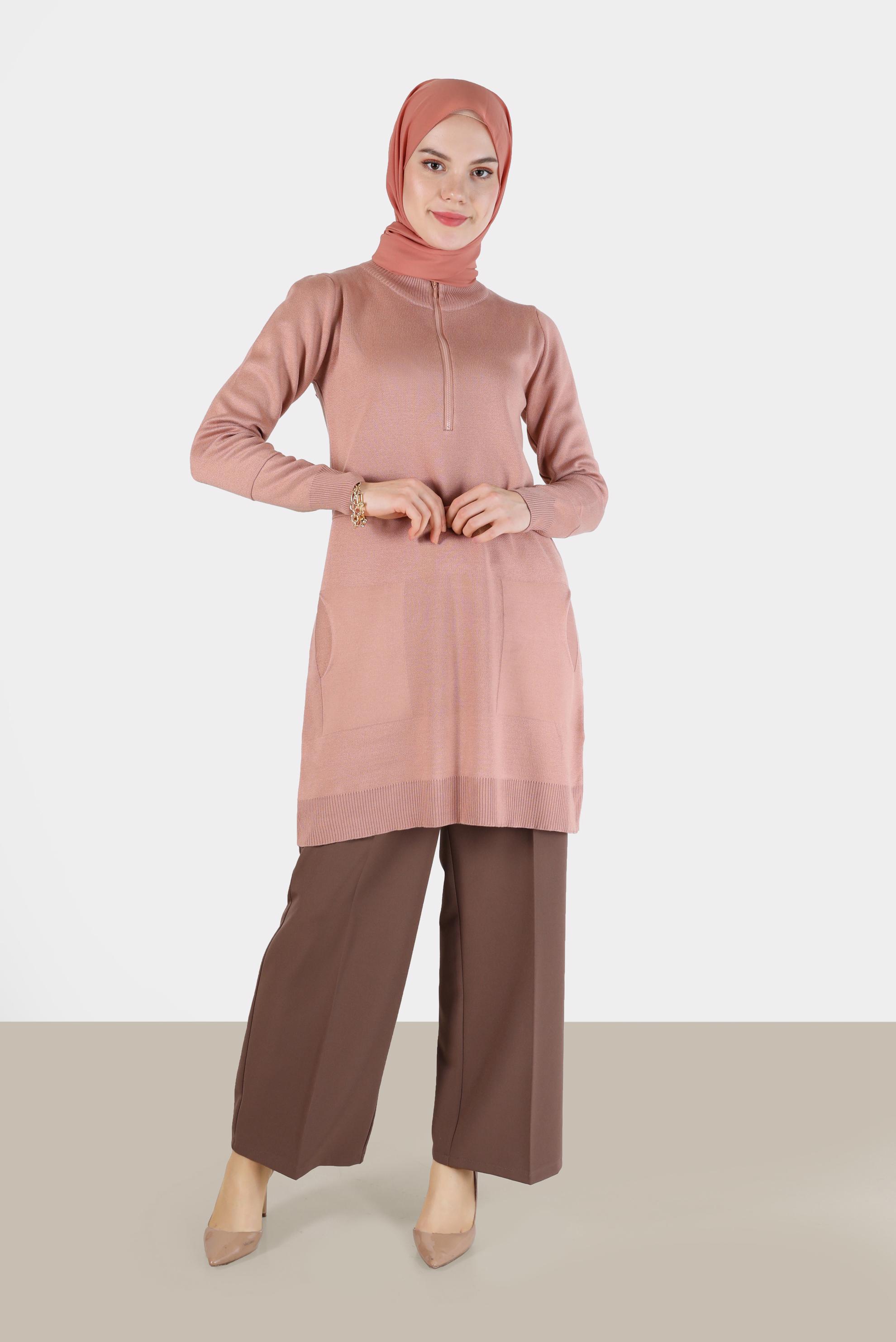 Tesettür giyim PUDRA FERMUAR DETAYLI TRİKO TUNİK 42049 