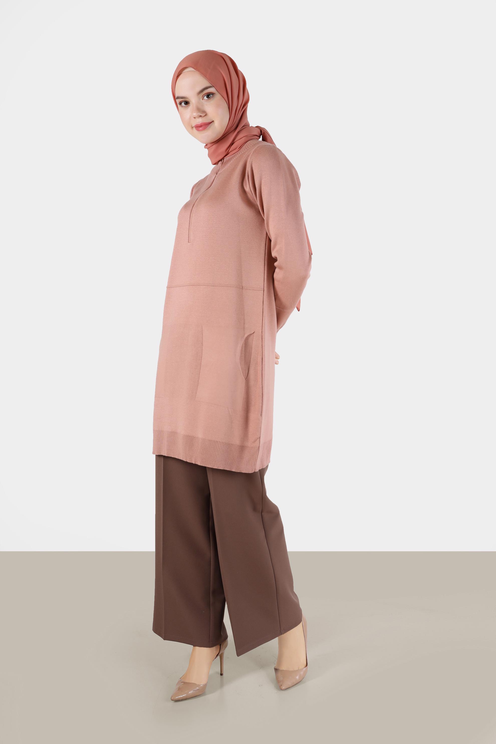 Tesettür giyim PUDRA FERMUAR DETAYLI TRİKO TUNİK 42049 