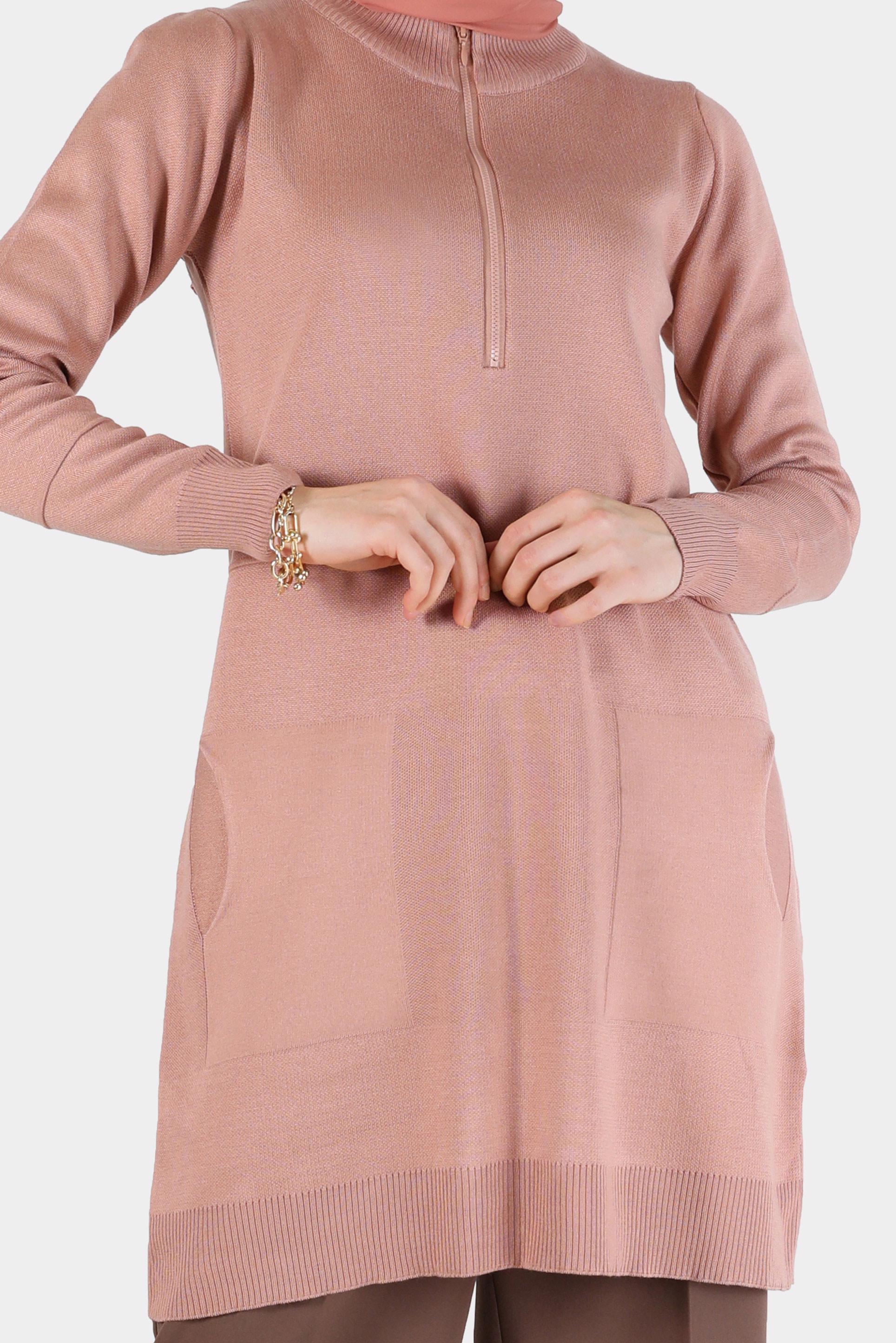 Tesettür giyim PUDRA FERMUAR DETAYLI TRİKO TUNİK 42049 