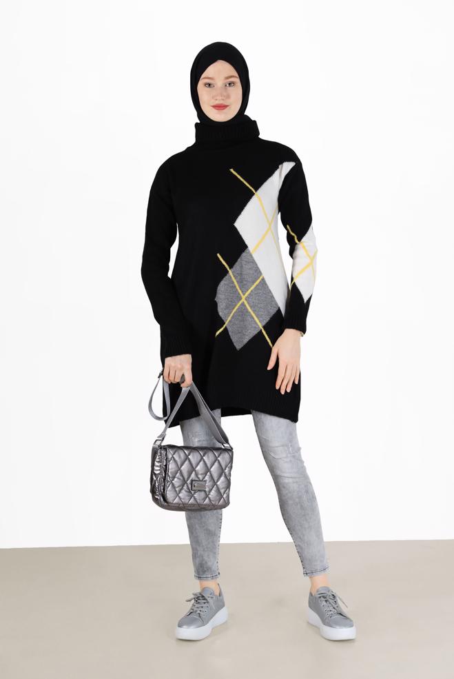 Tesettür giyim  KARO DESENLİ TRİKO TUNİK 42052  - ALVİNA