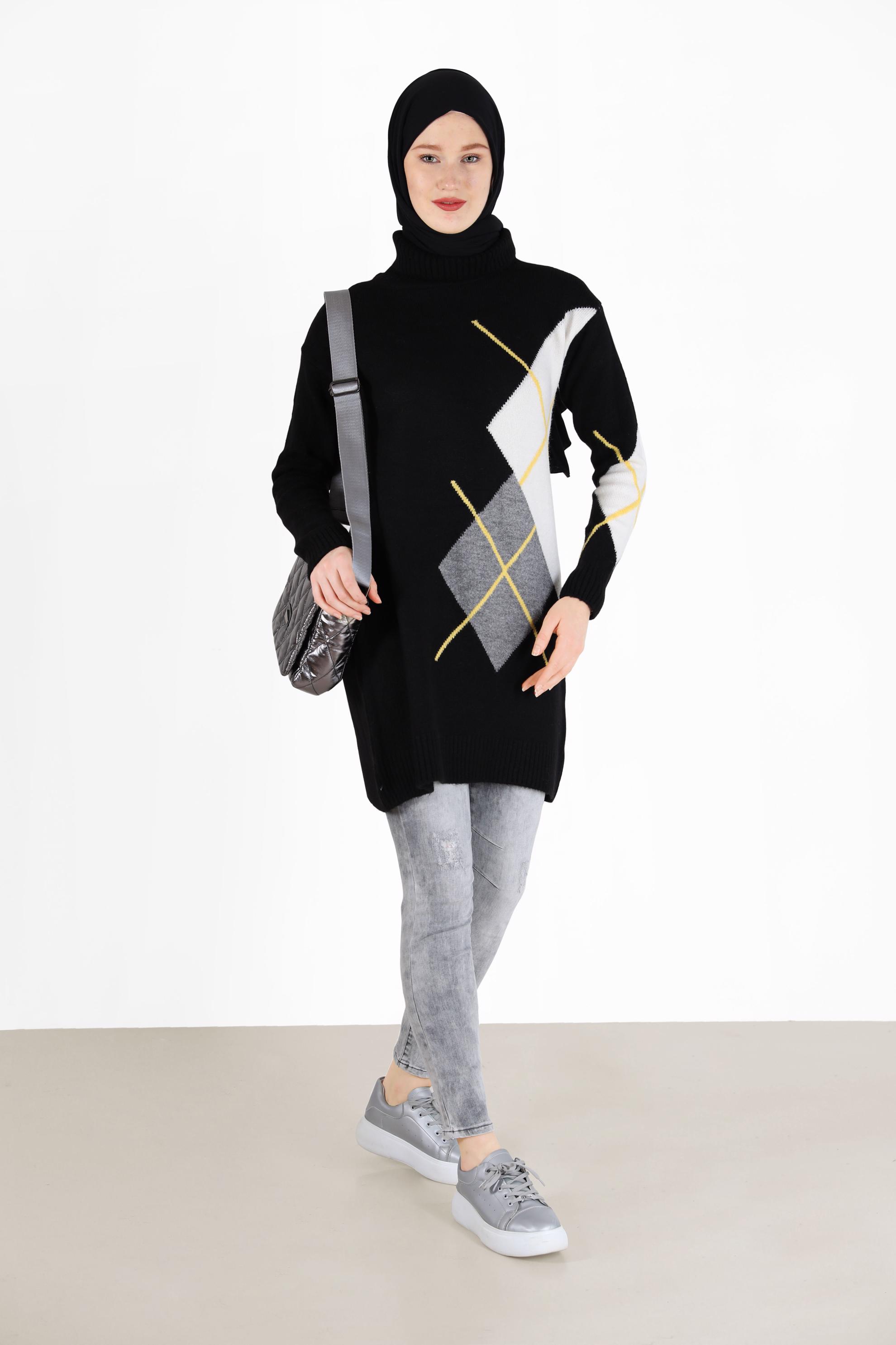 Tesettür giyim SİYAH KARO DESENLİ TRİKO TUNİK 42052 