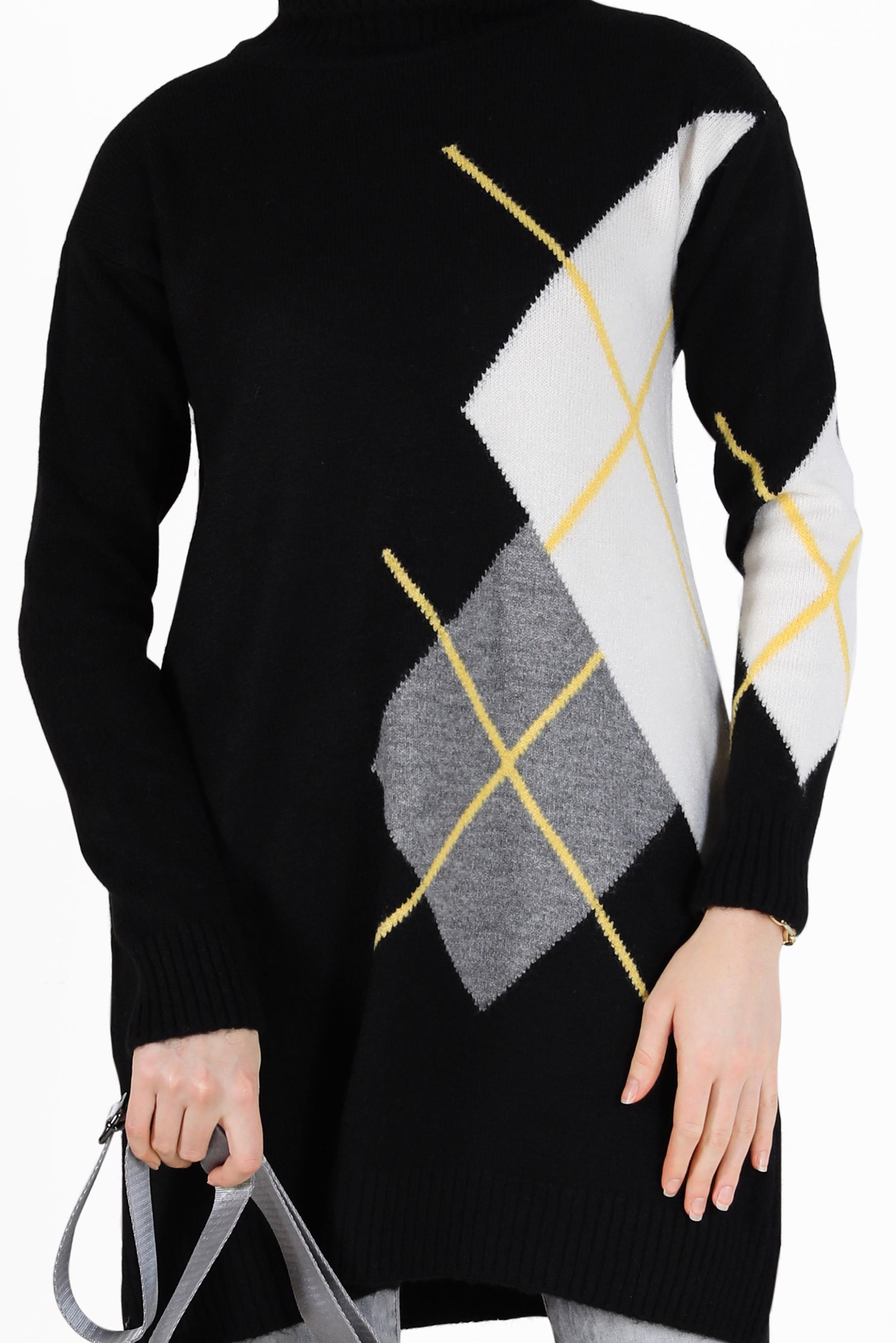 Tesettür giyim SİYAH KARO DESENLİ TRİKO TUNİK 42052 