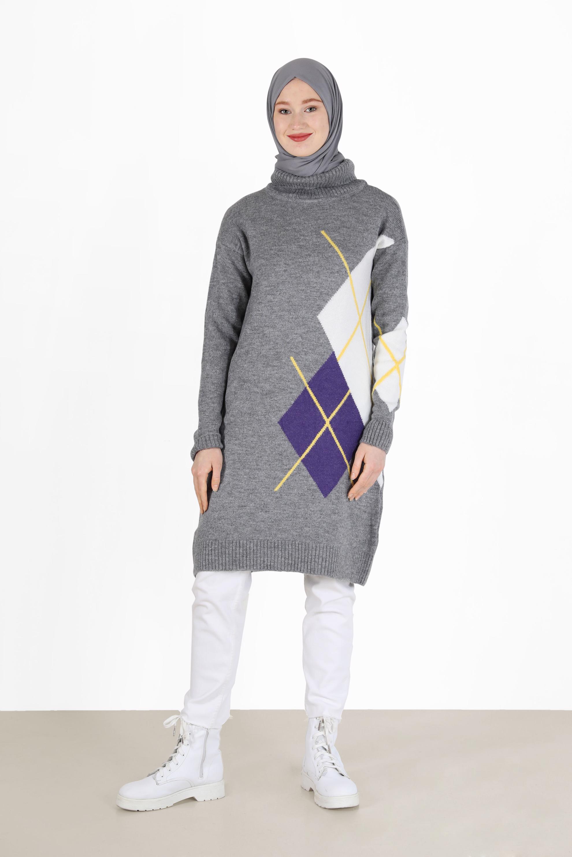 Tesettür giyim GRİ KARO DESENLİ TRİKO TUNİK 42052 