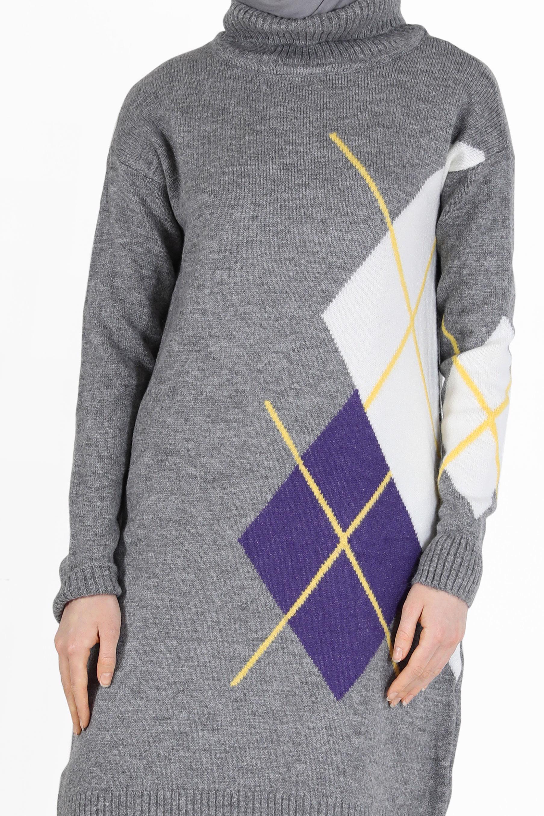 Tesettür giyim GRİ KARO DESENLİ TRİKO TUNİK 42052 