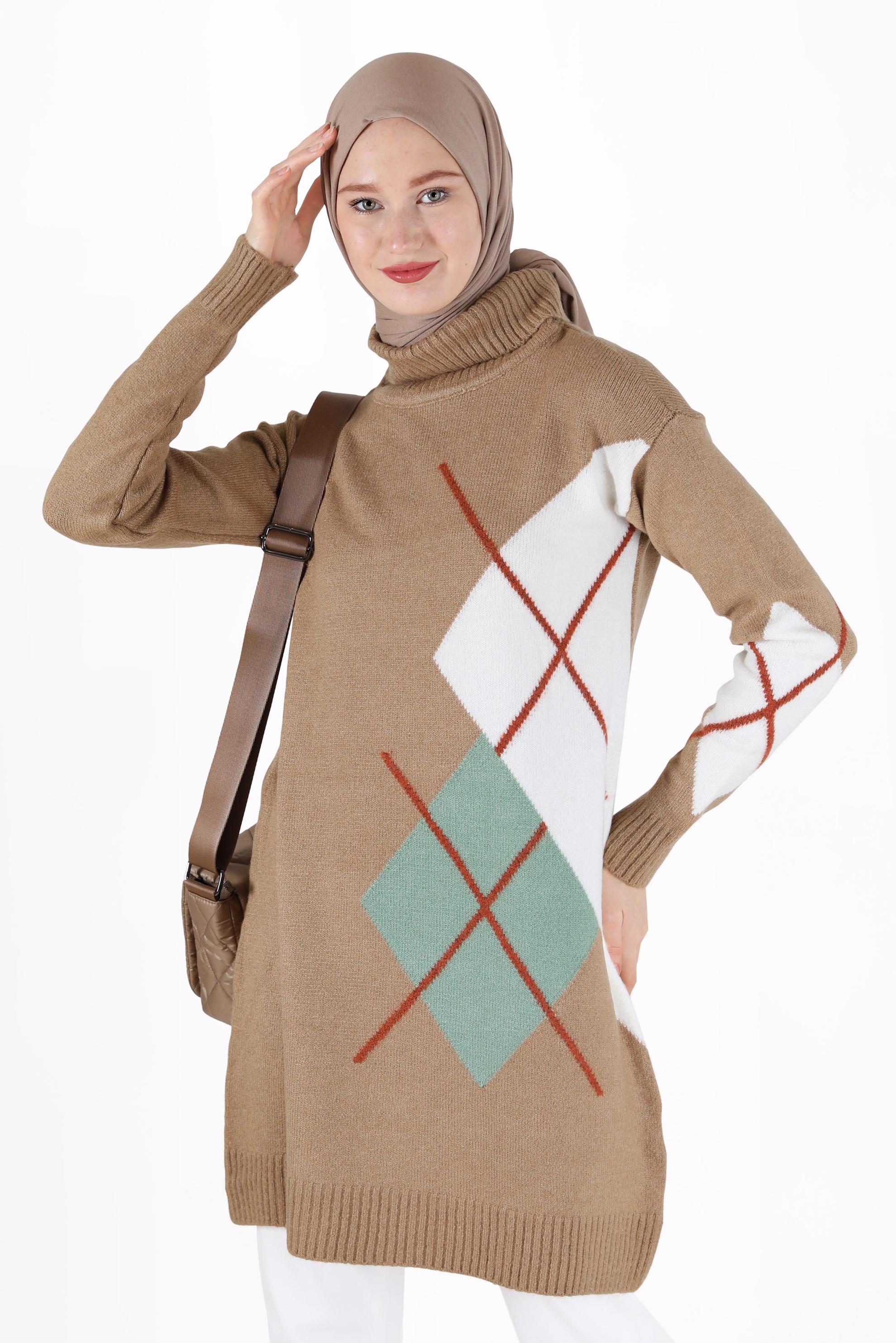 Tesettür giyim KAHVE KARO DESENLİ TRİKO TUNİK 42052 