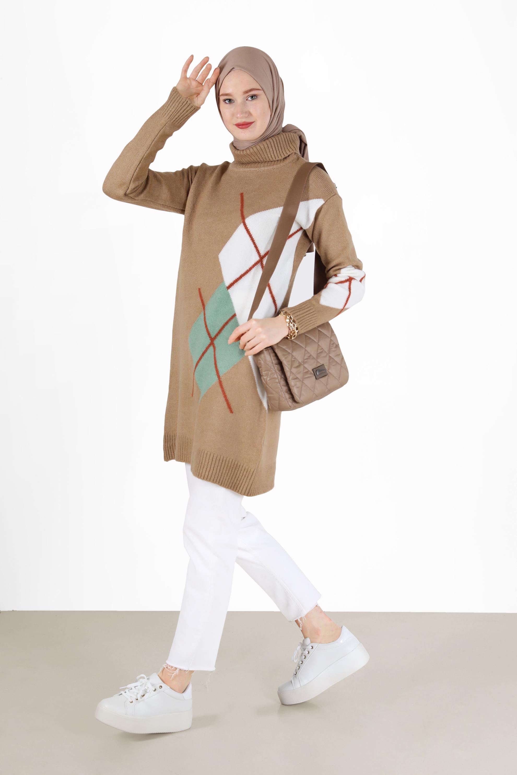 Tesettür giyim KAHVE KARO DESENLİ TRİKO TUNİK 42052 