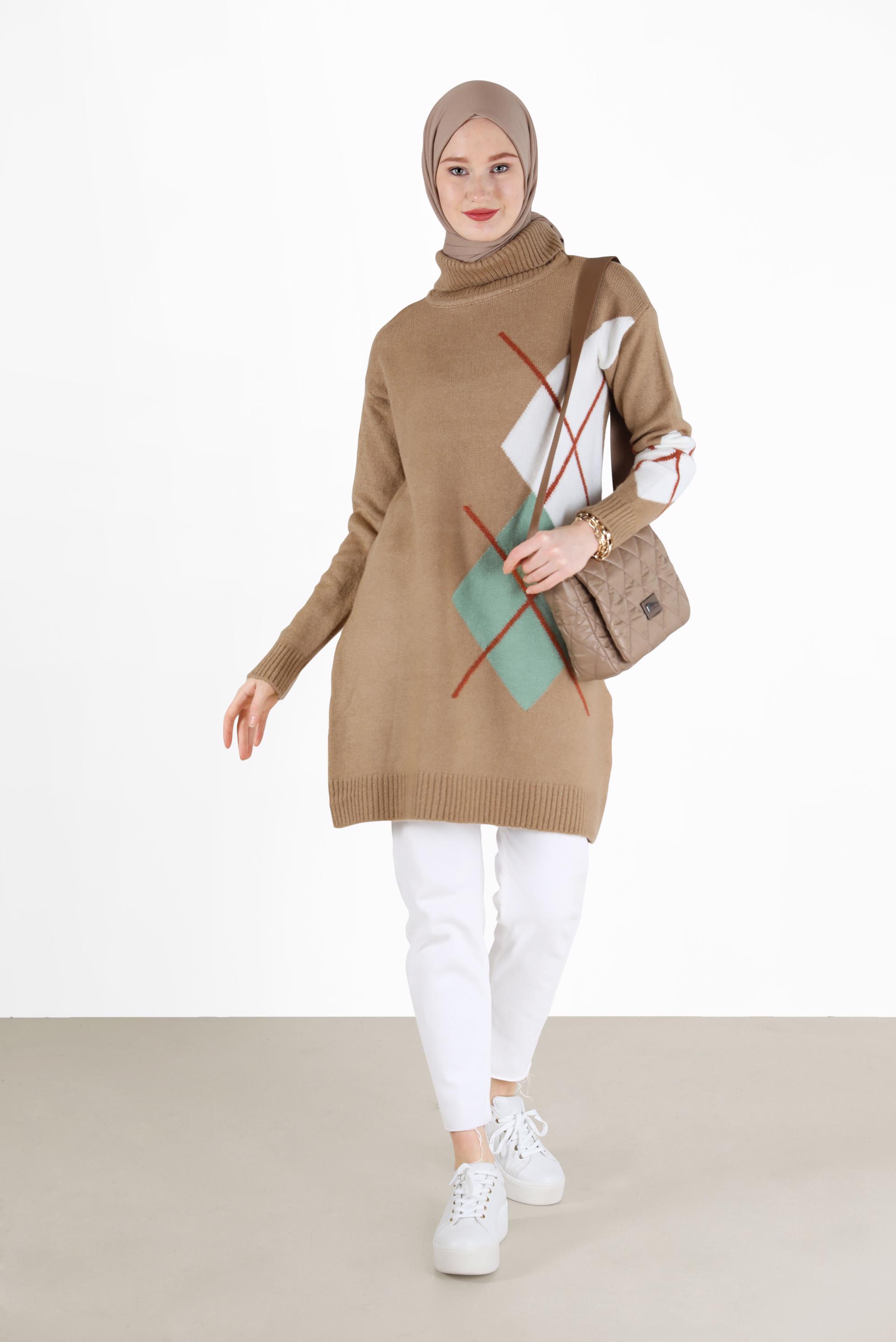 Tesettür giyim KAHVE KARO DESENLİ TRİKO TUNİK 42052 