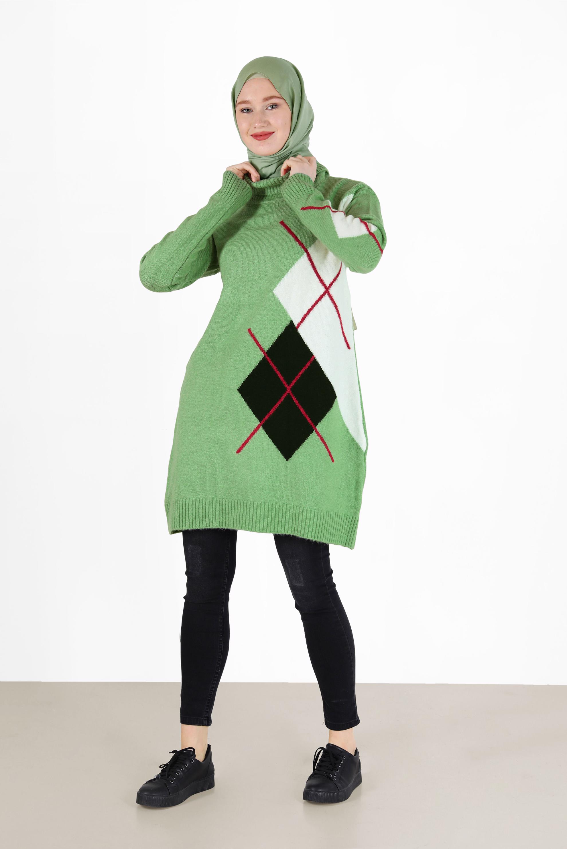 Tesettür giyim YEŞİL KARO DESENLİ TRİKO TUNİK 42052 
