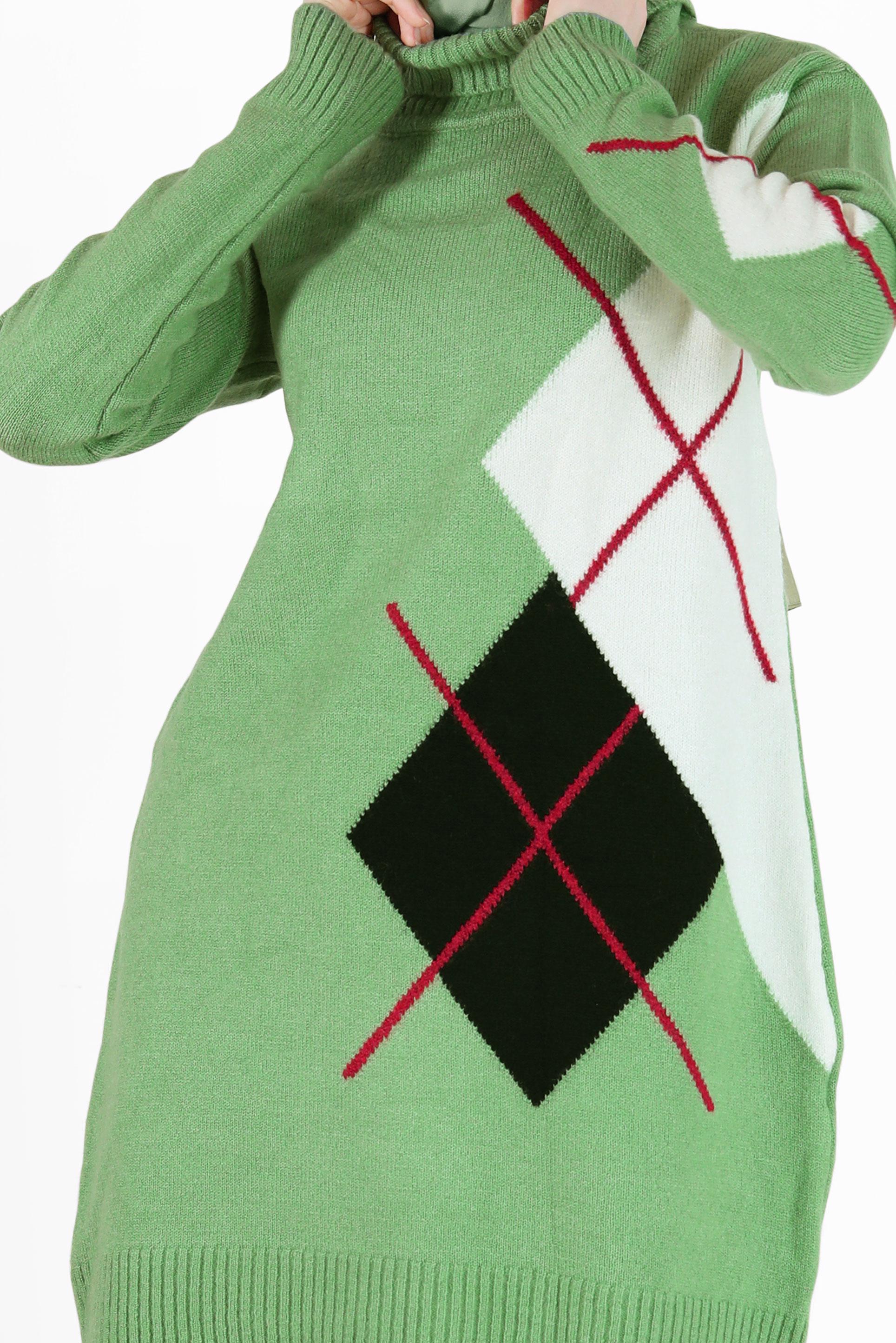 Tesettür giyim YEŞİL KARO DESENLİ TRİKO TUNİK 42052 