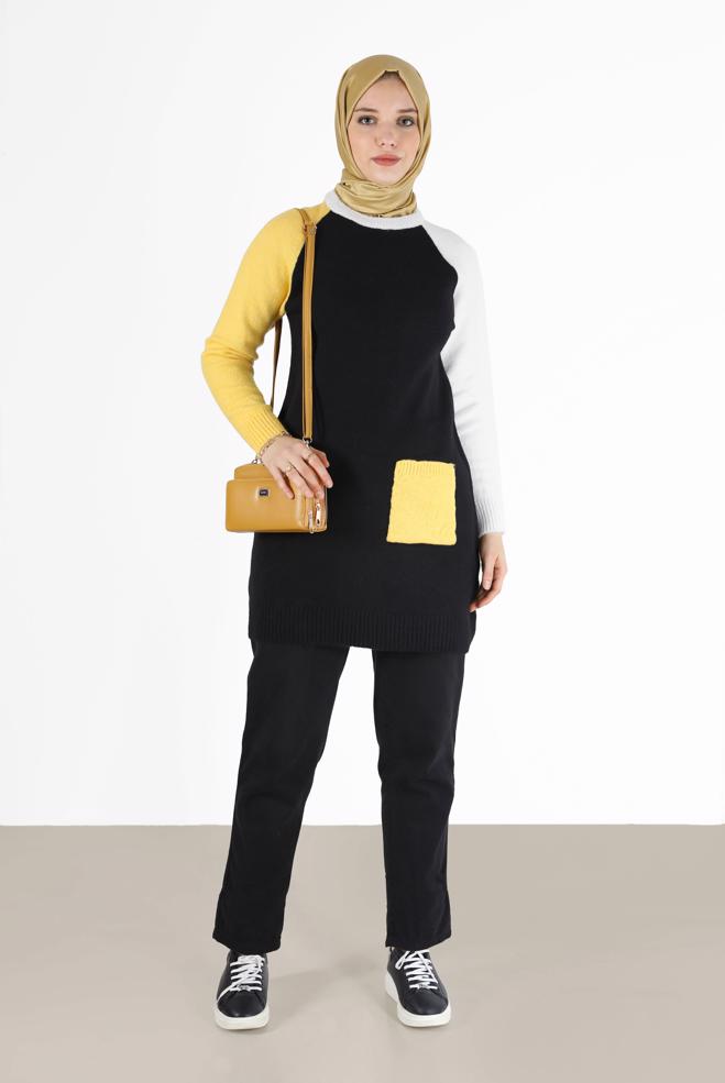 Tesettür giyim SİYAH ÜÇ RENKLİ CEP DETAYLI TRİKO TUNİK 42053  - ALVİNA