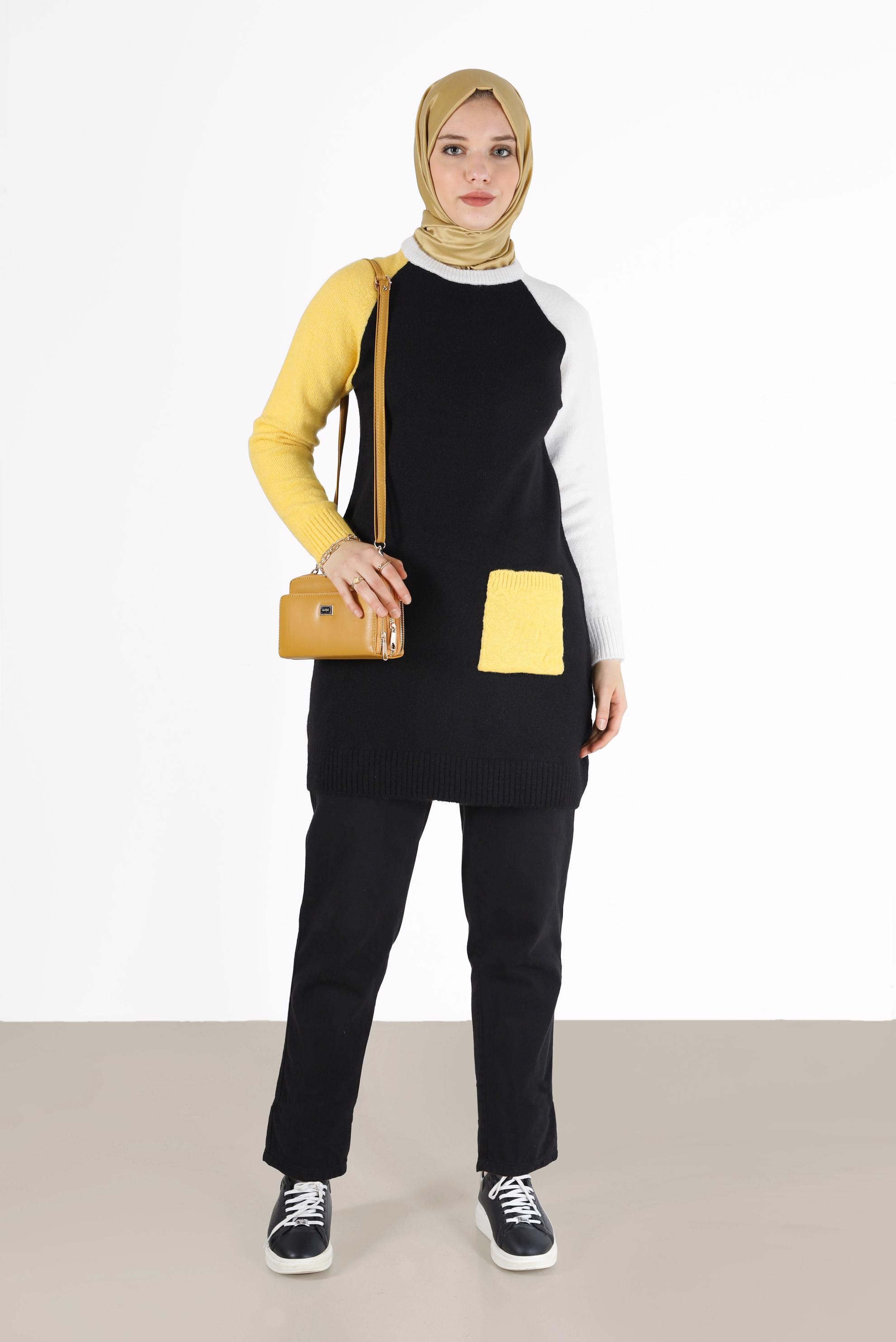 Tesettür giyim SİYAH ÜÇ RENKLİ CEP DETAYLI TRİKO TUNİK 42053 