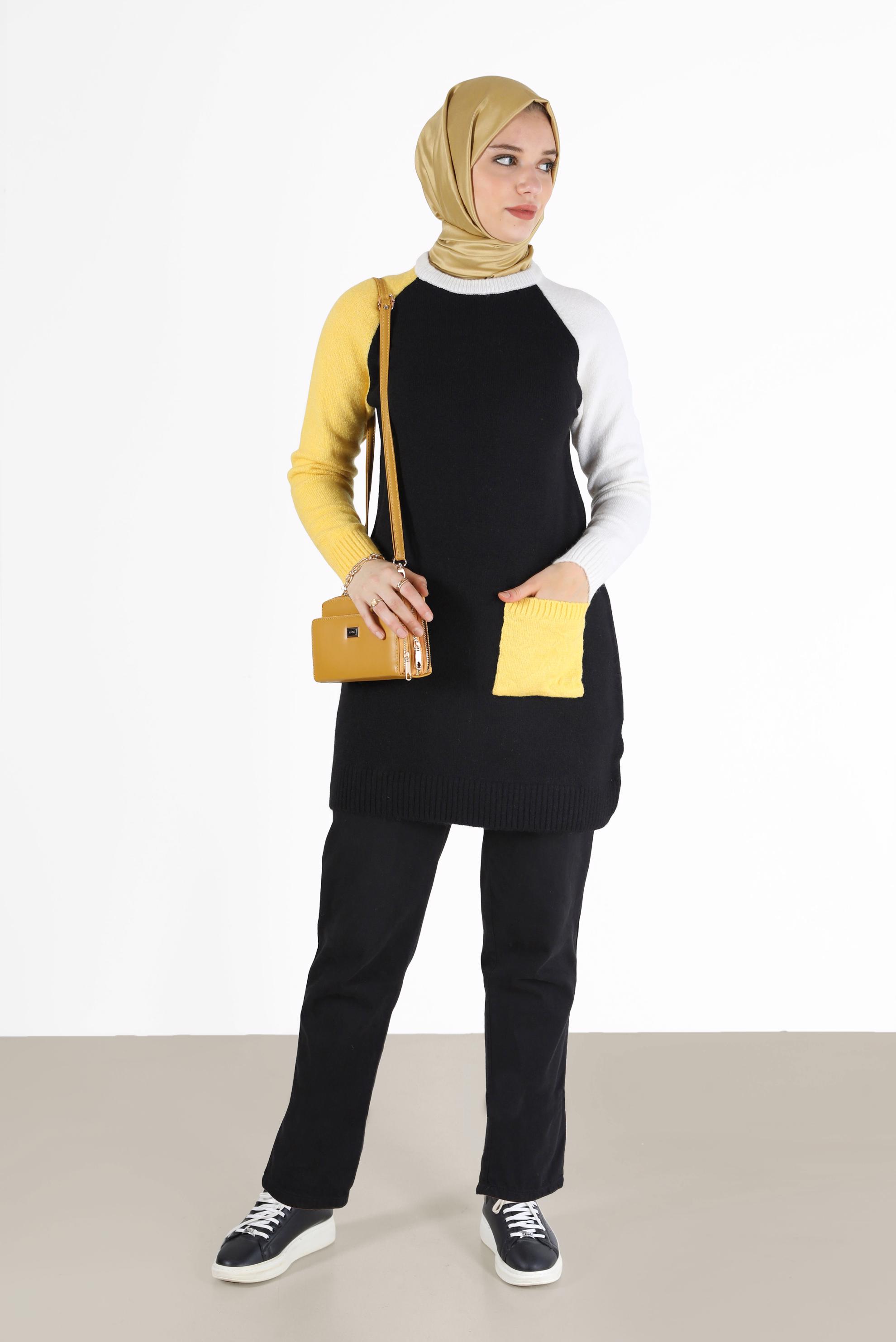 Tesettür giyim SİYAH ÜÇ RENKLİ CEP DETAYLI TRİKO TUNİK 42053 