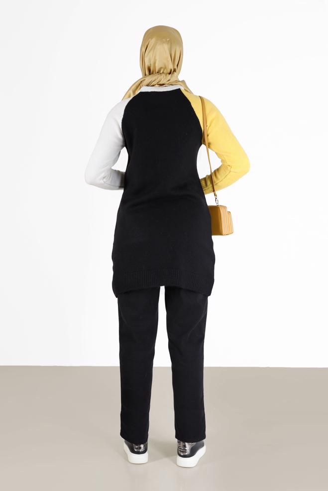 Tesettür giyim SİYAH ÜÇ RENKLİ CEP DETAYLI TRİKO TUNİK 42053  - ALVİNA