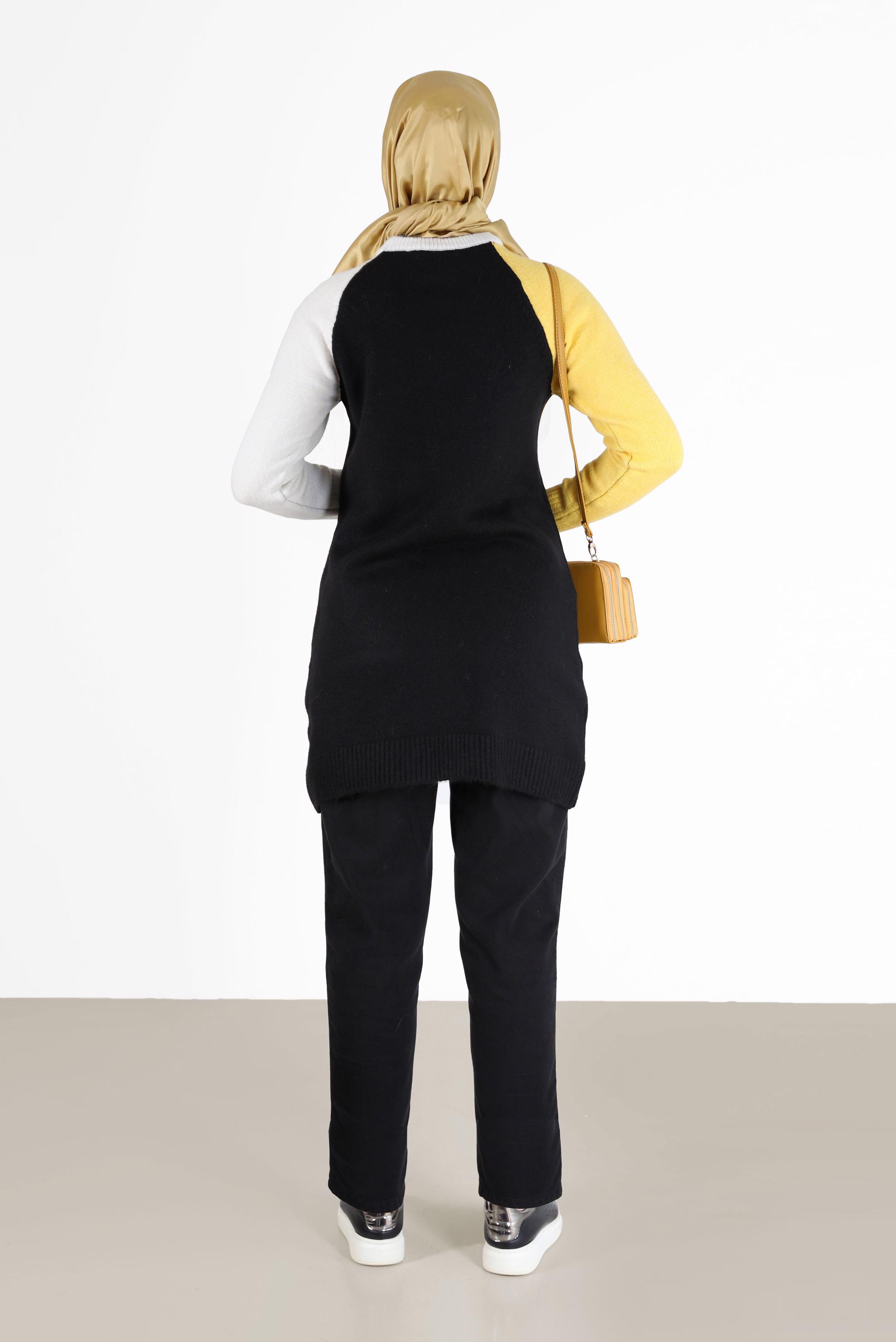 Tesettür giyim SİYAH ÜÇ RENKLİ CEP DETAYLI TRİKO TUNİK 42053 