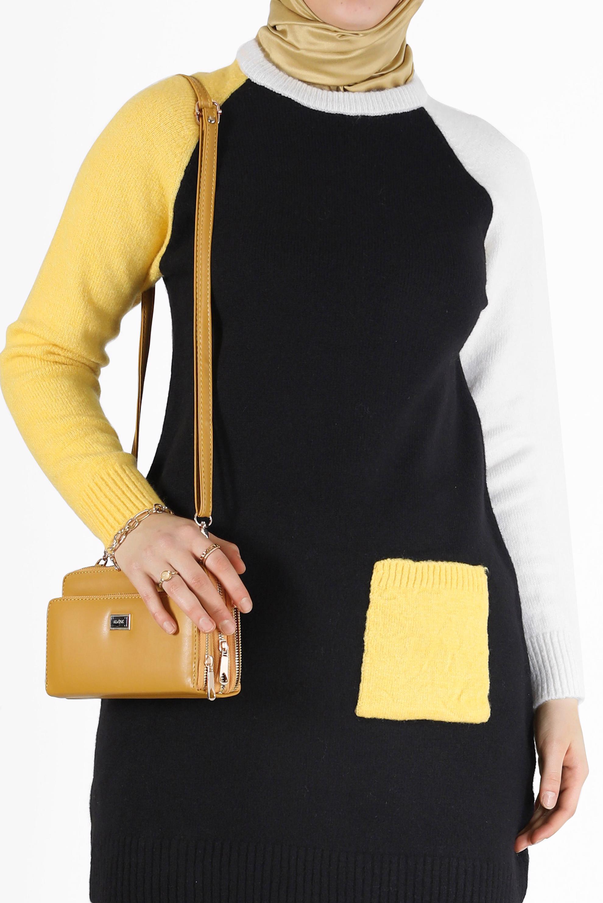 Tesettür giyim SİYAH ÜÇ RENKLİ CEP DETAYLI TRİKO TUNİK 42053 