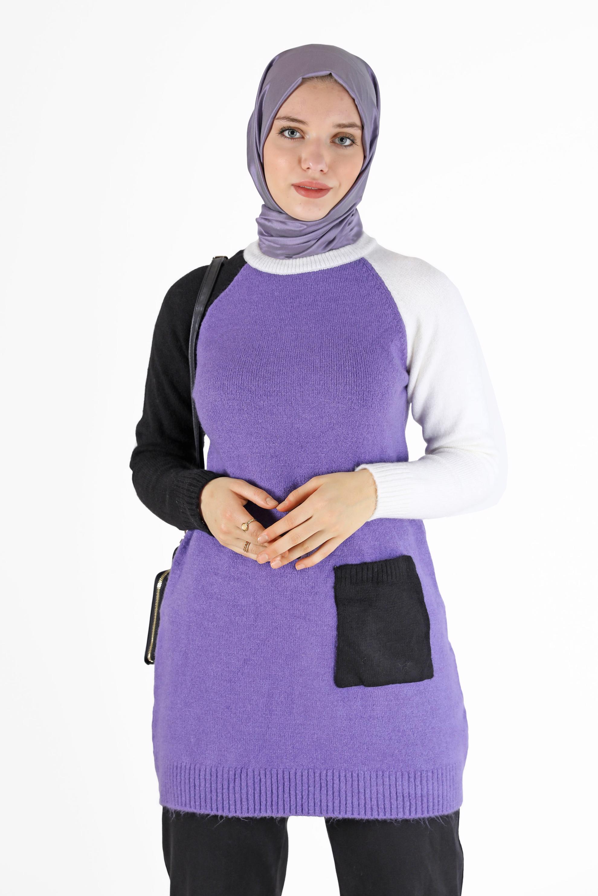 Tesettür giyim MOR ÜÇ RENKLİ CEP DETAYLI TRİKO TUNİK 42053 
