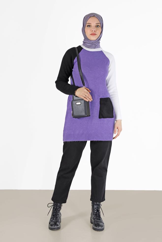 Tesettür giyim MOR ÜÇ RENKLİ CEP DETAYLI TRİKO TUNİK 42053  - ALVİNA