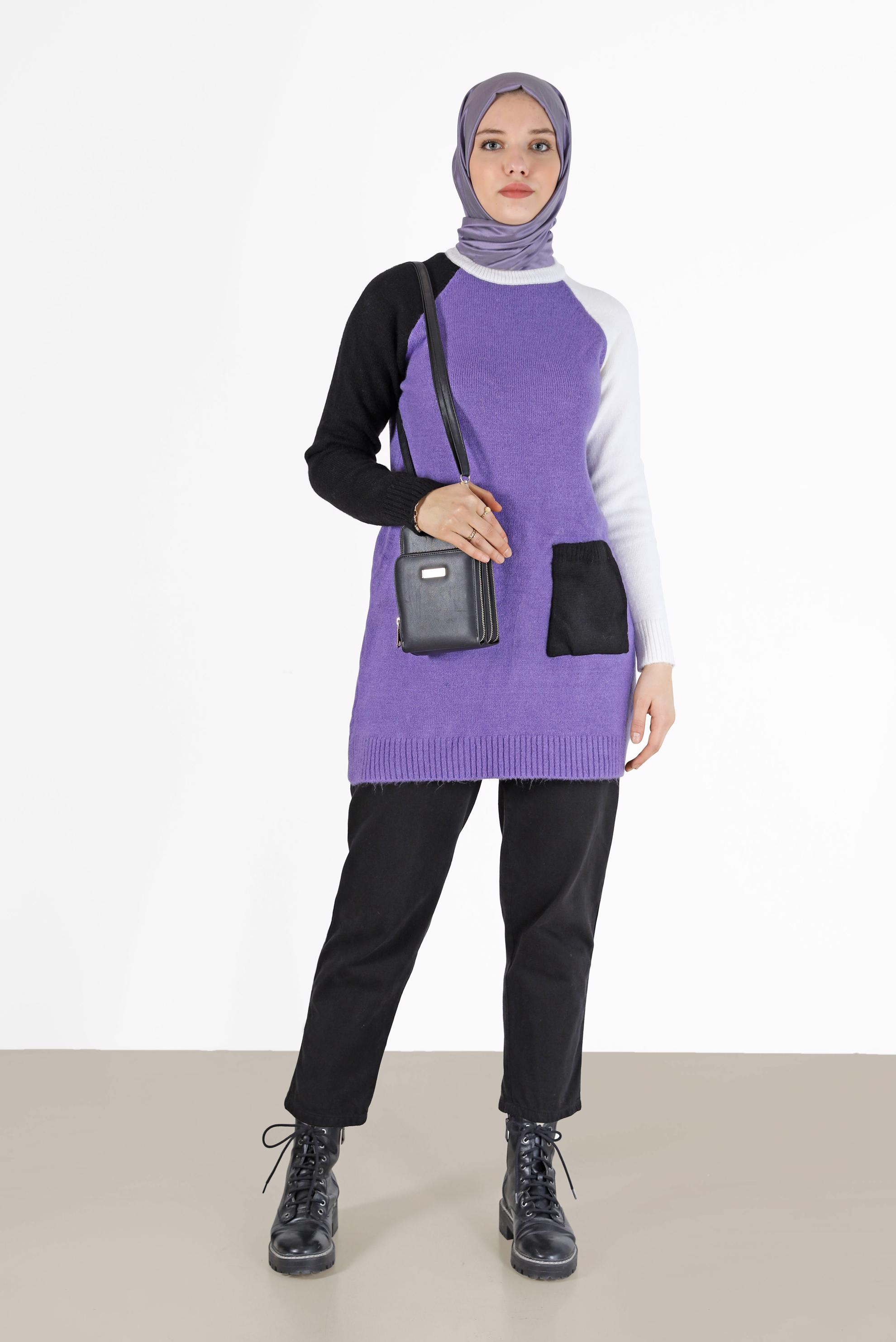 Tesettür giyim MOR ÜÇ RENKLİ CEP DETAYLI TRİKO TUNİK 42053 