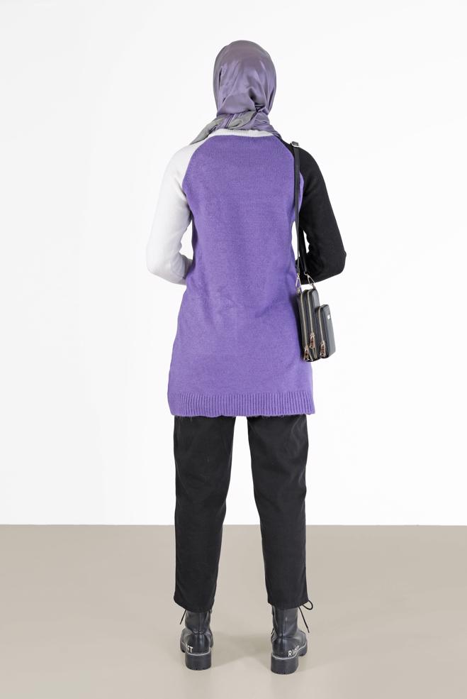 Tesettür giyim MOR ÜÇ RENKLİ CEP DETAYLI TRİKO TUNİK 42053  - ALVİNA