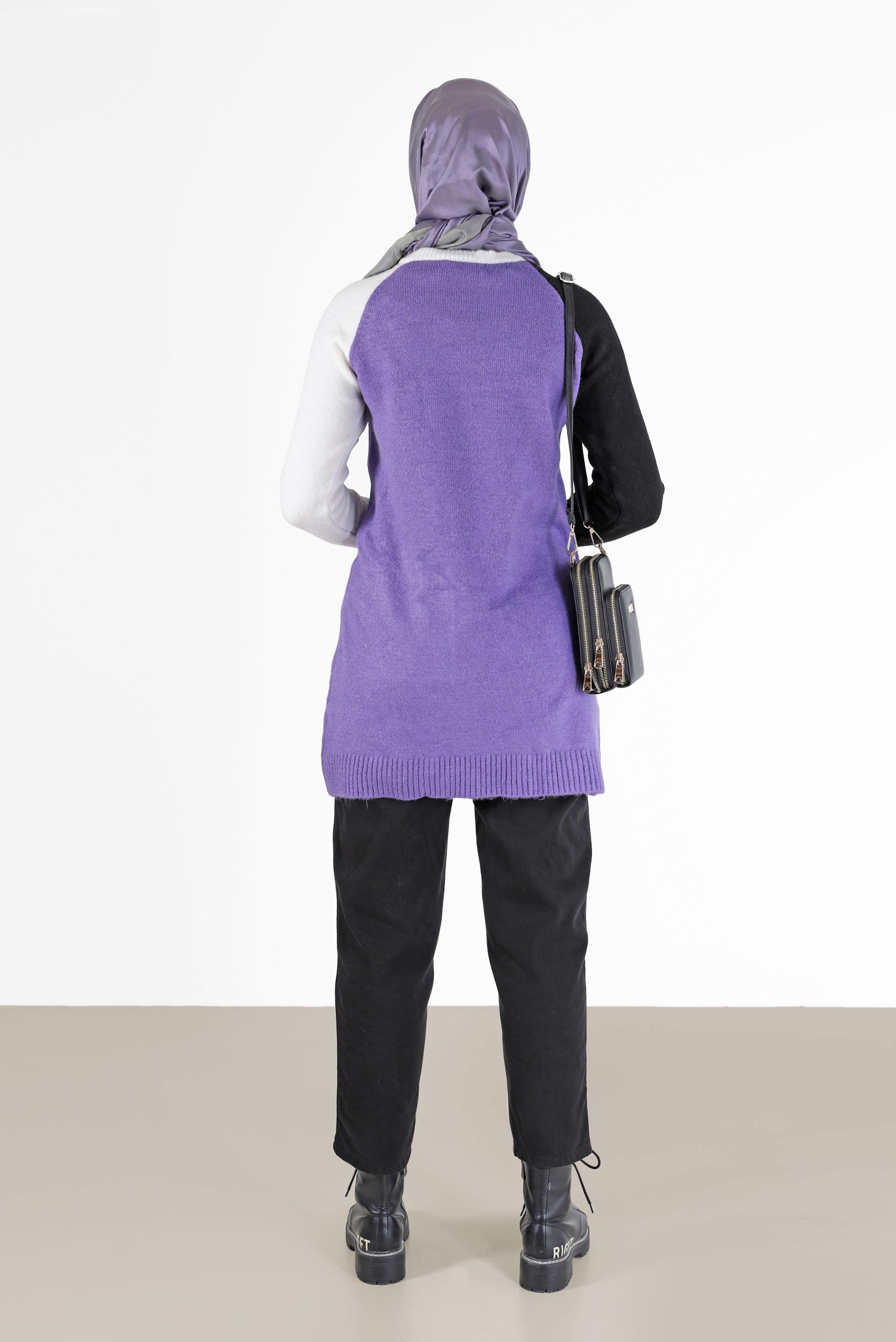 Tesettür giyim MOR ÜÇ RENKLİ CEP DETAYLI TRİKO TUNİK 42053 