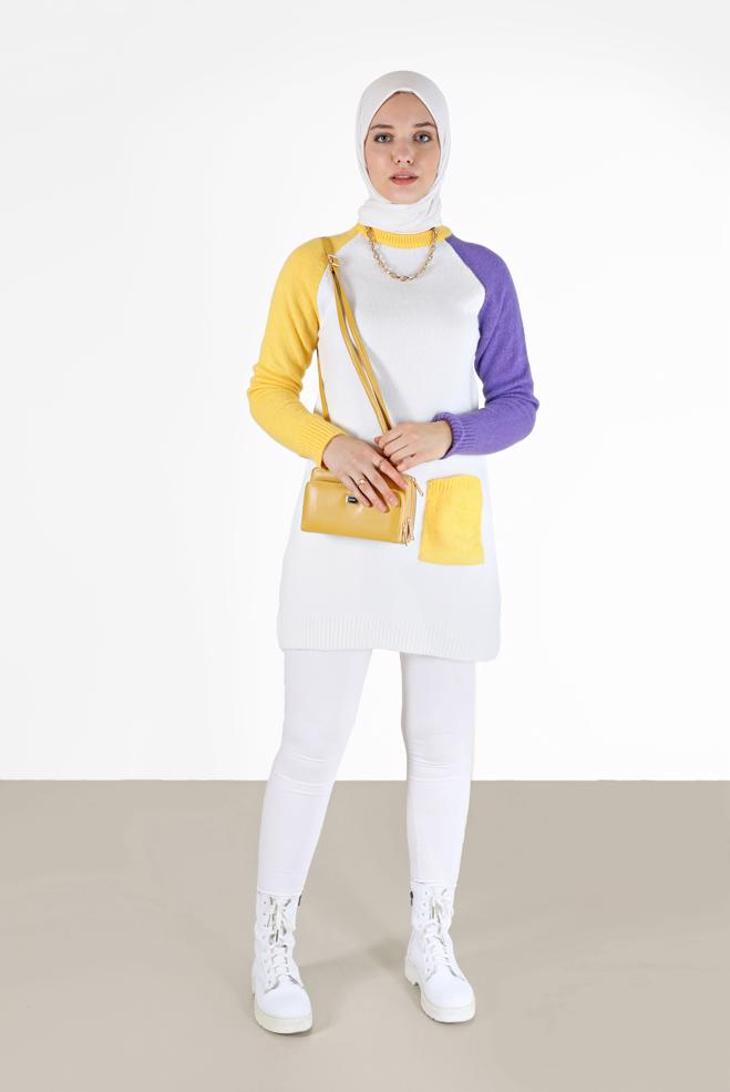 Tesettür giyim BEJ ÜÇ RENKLİ CEP DETAYLI TRİKO TUNİK 42053  - ALVİNA