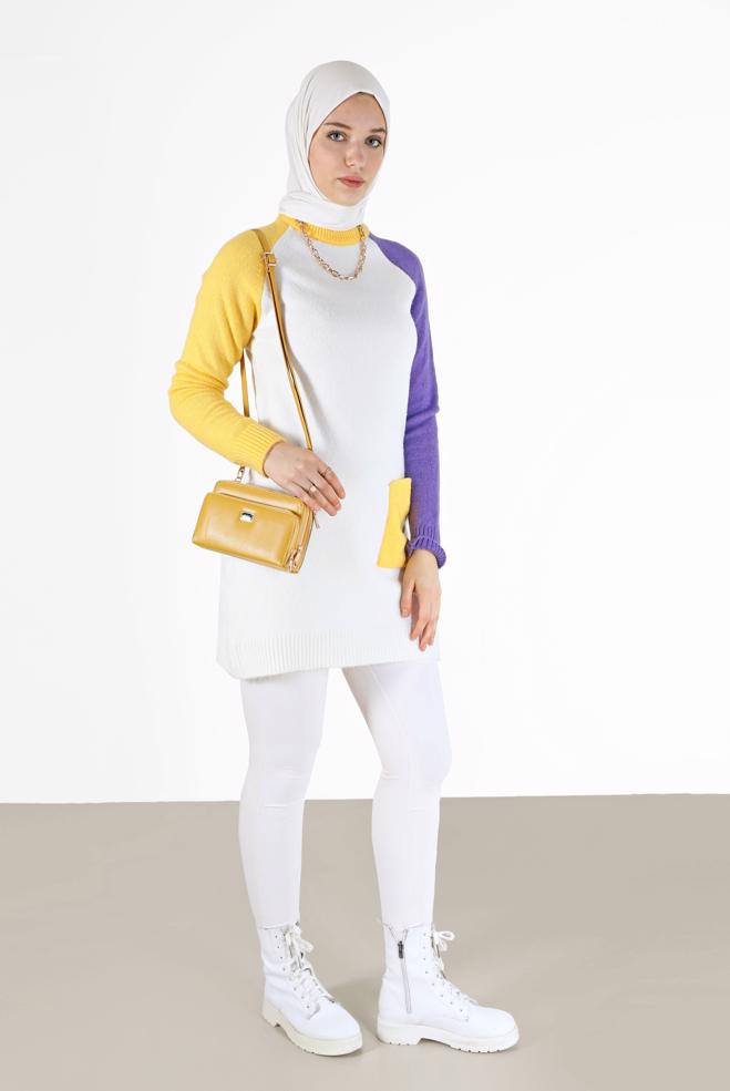 Tesettür giyim BEJ ÜÇ RENKLİ CEP DETAYLI TRİKO TUNİK 42053  - ALVİNA