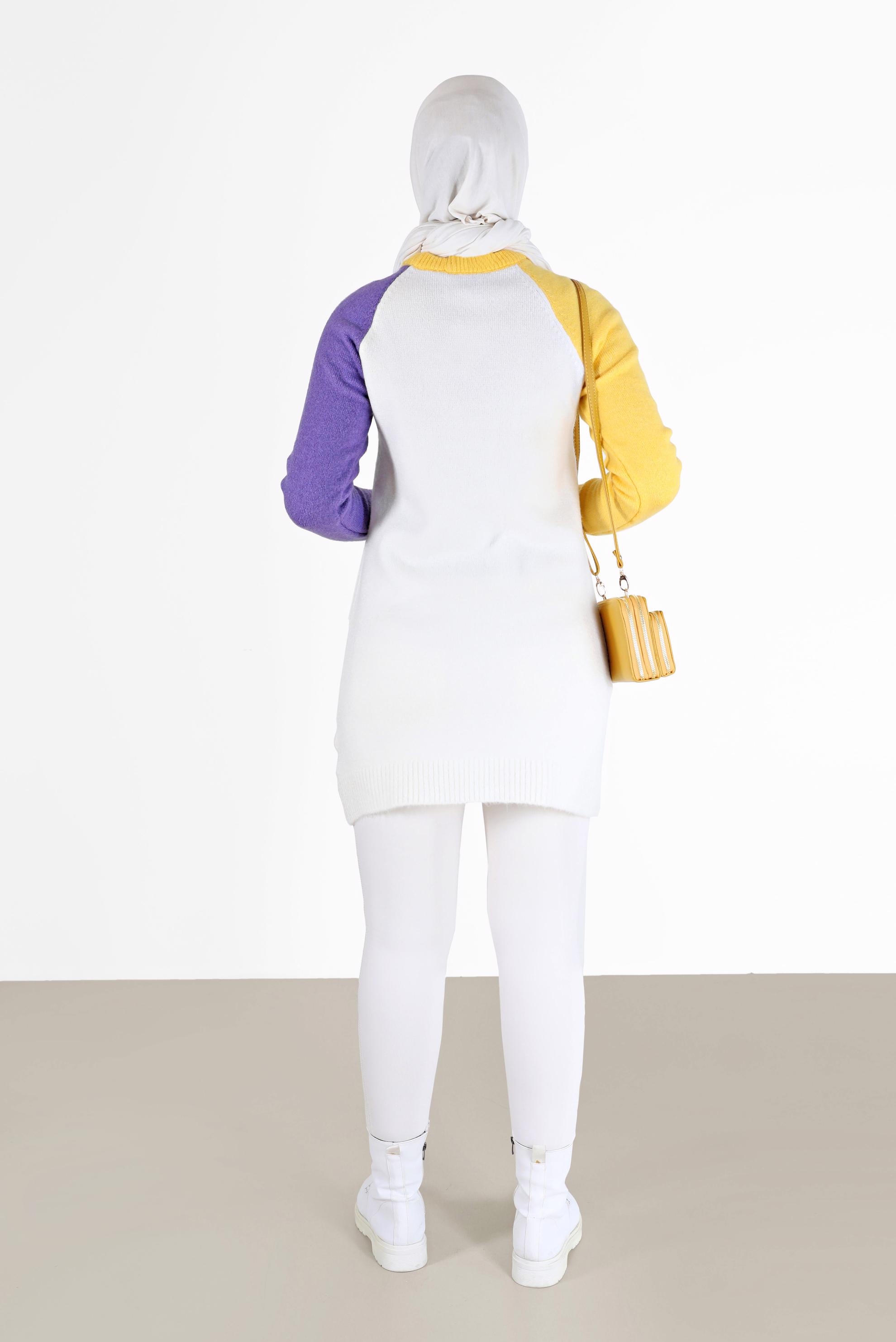 Tesettür giyim BEJ ÜÇ RENKLİ CEP DETAYLI TRİKO TUNİK 42053 