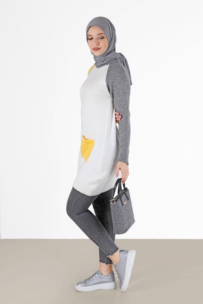 Tesettür giyim BEYAZ ÜÇ RENKLİ CEP DETAYLI TRİKO TUNİK 42053  - ALVİNA