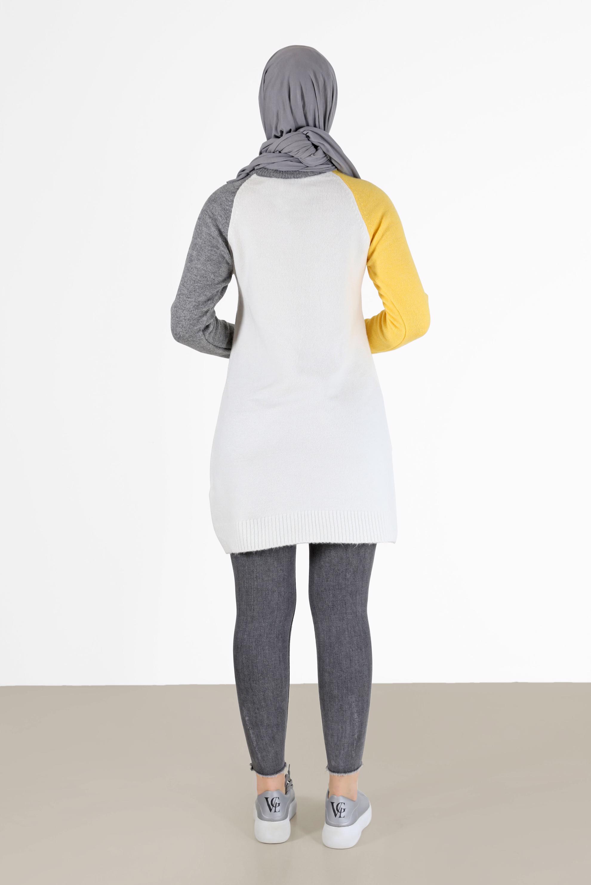 Tesettür giyim BEYAZ ÜÇ RENKLİ CEP DETAYLI TRİKO TUNİK 42053 