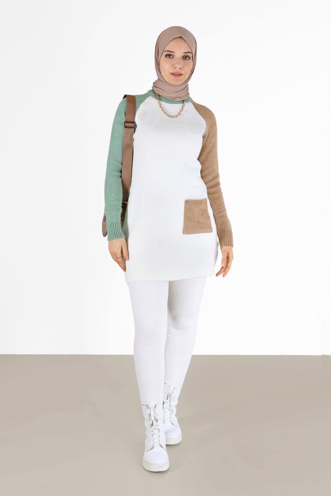 Tesettür giyim BEJ ÜÇ RENKLİ CEP DETAYLI TRİKO TUNİK 42053  - ALVİNA