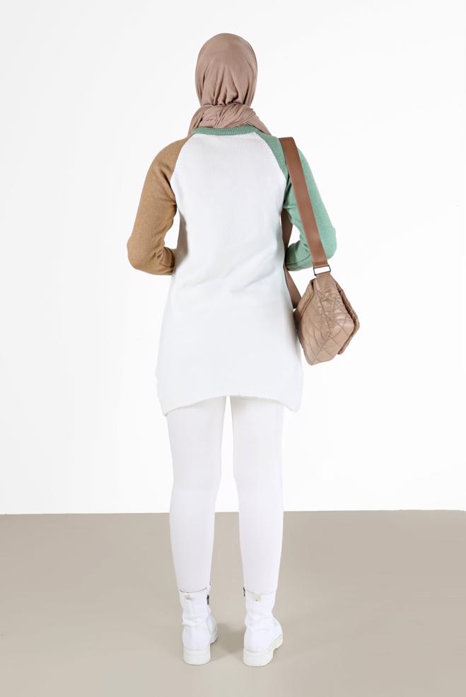 Tesettür giyim BEJ ÜÇ RENKLİ CEP DETAYLI TRİKO TUNİK 42053  - ALVİNA