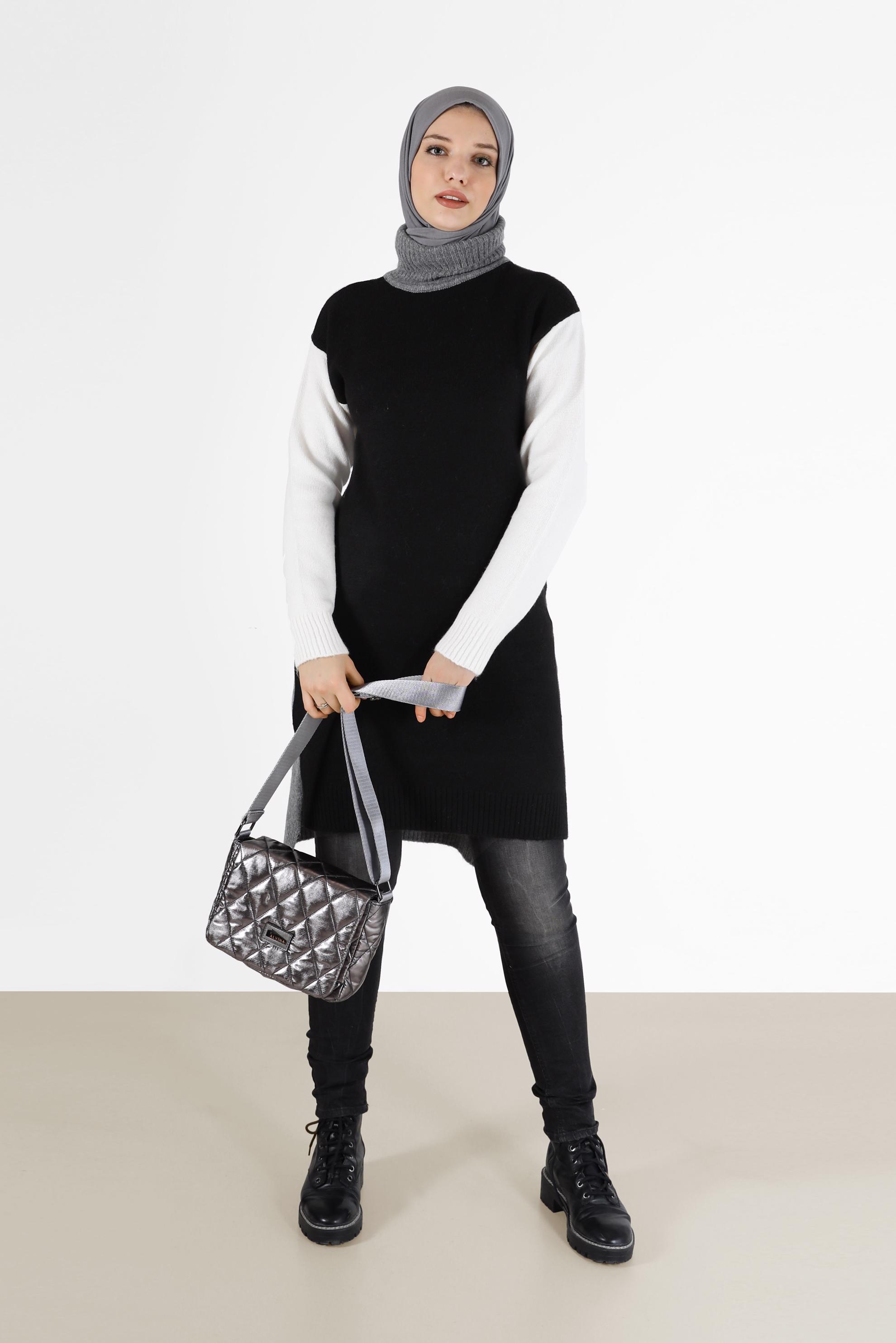 Tesettür giyim SİYAH 3 RENKLİ BALIKÇI YAKA TRİKO TUNİK 42054 