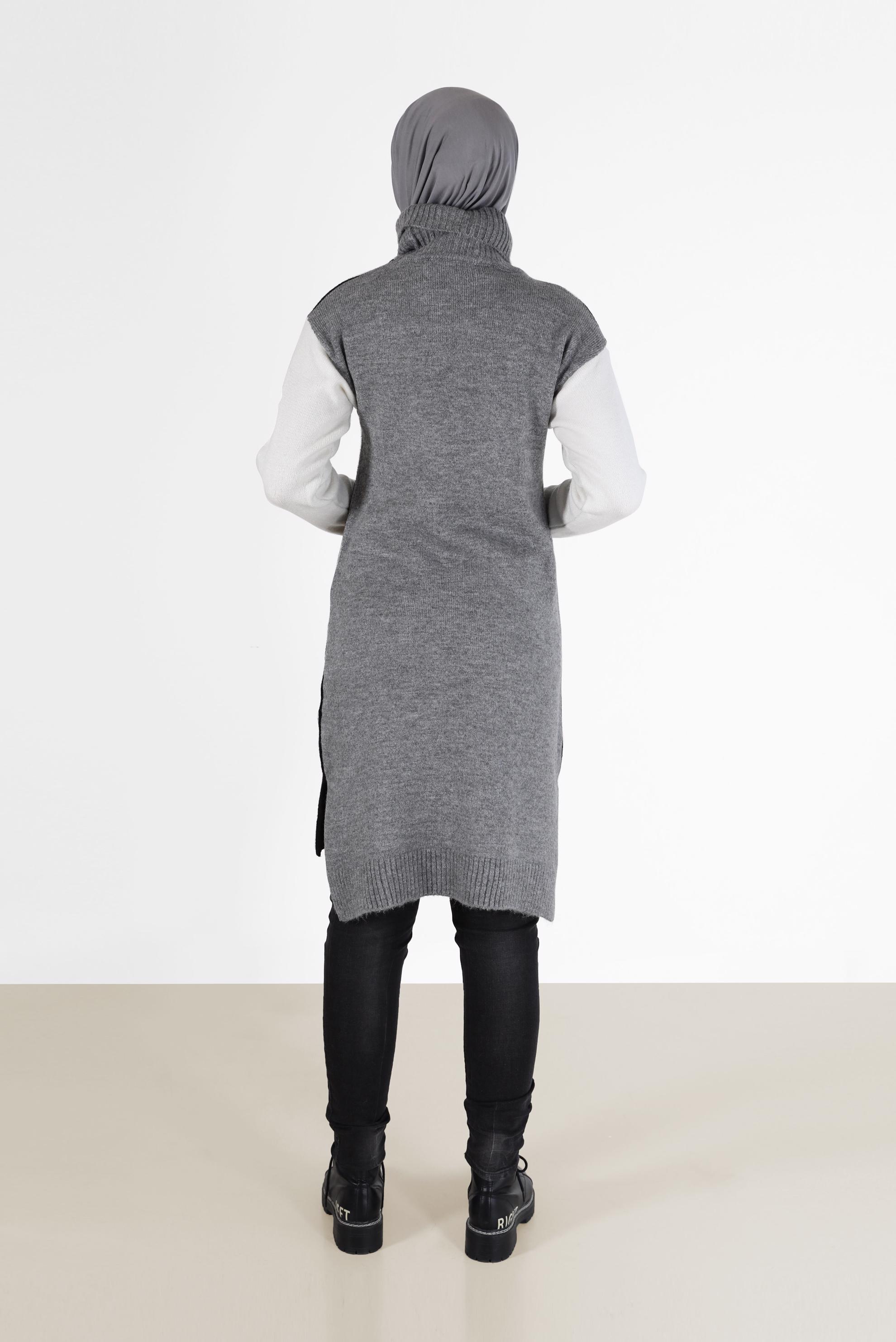 Tesettür giyim SİYAH 3 RENKLİ BALIKÇI YAKA TRİKO TUNİK 42054 