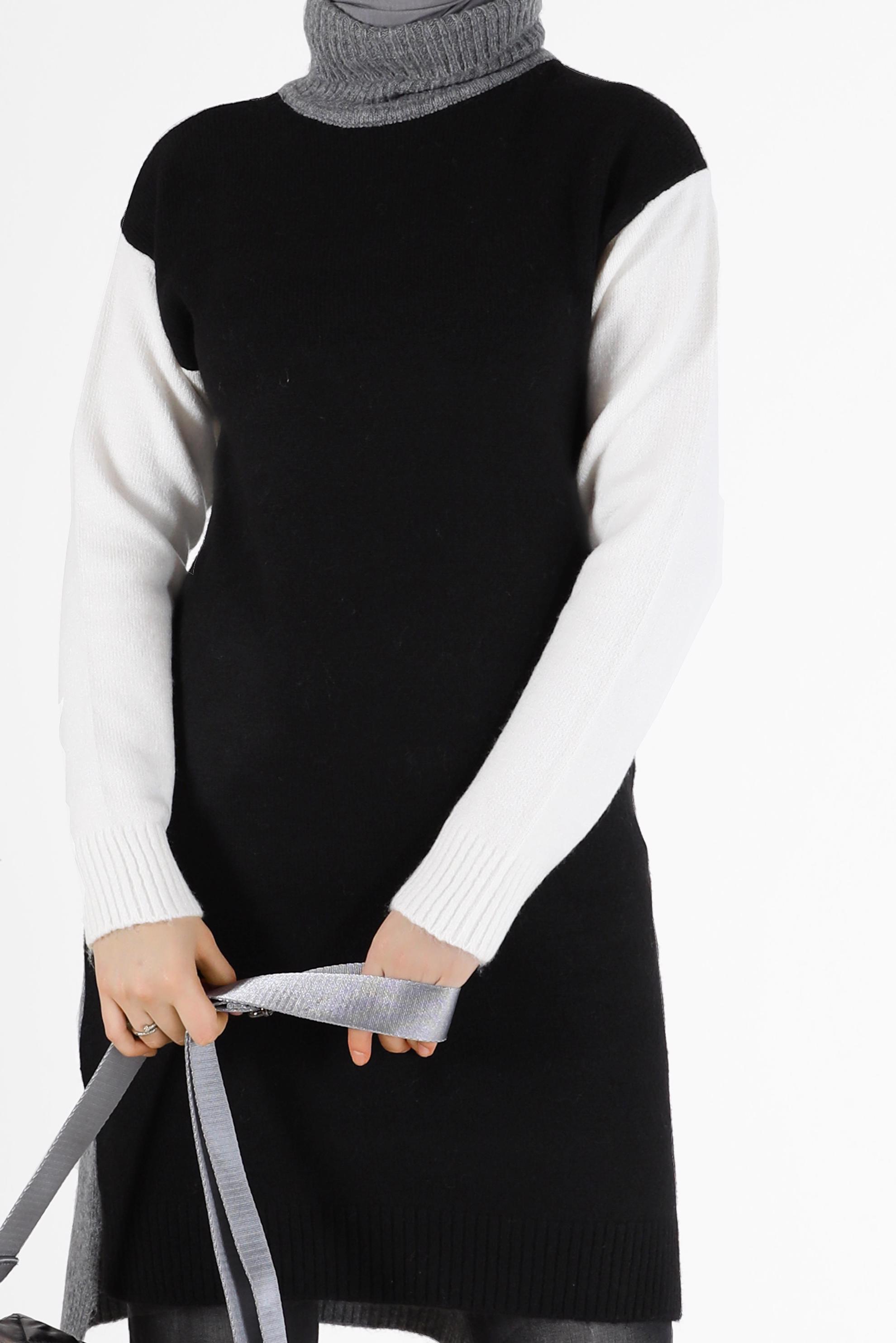 Tesettür giyim SİYAH 3 RENKLİ BALIKÇI YAKA TRİKO TUNİK 42054 