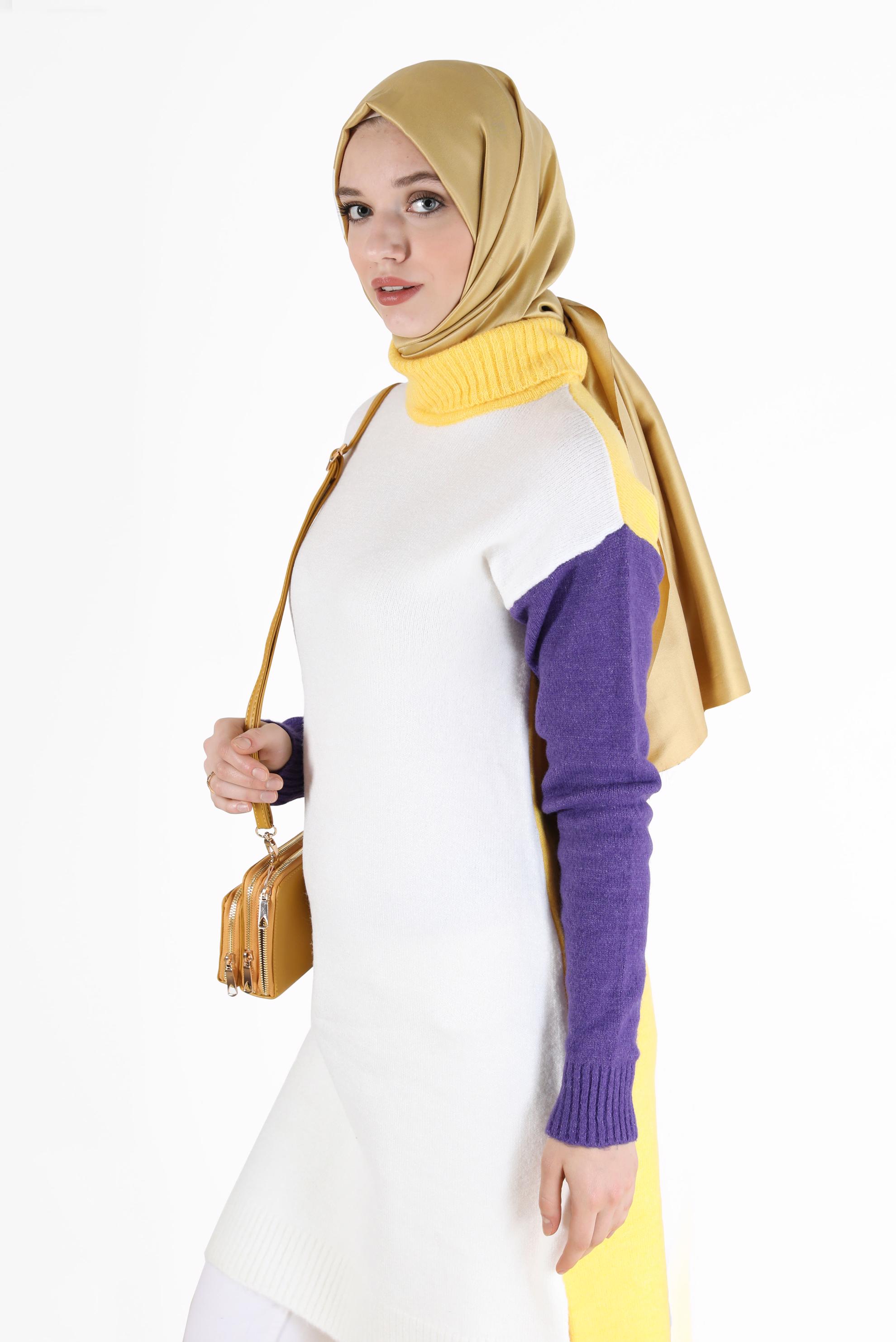 Tesettür giyim BEJ 3 RENKLİ BALIKÇI YAKA TRİKO TUNİK 42054 