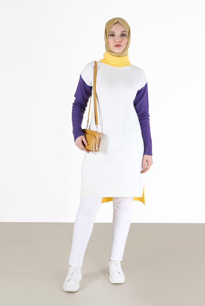 Tesettür giyim BEJ 3 RENKLİ BALIKÇI YAKA TRİKO TUNİK 42054  - ALVİNA