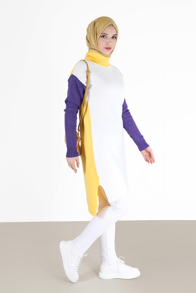 Tesettür giyim BEJ 3 RENKLİ BALIKÇI YAKA TRİKO TUNİK 42054  - ALVİNA