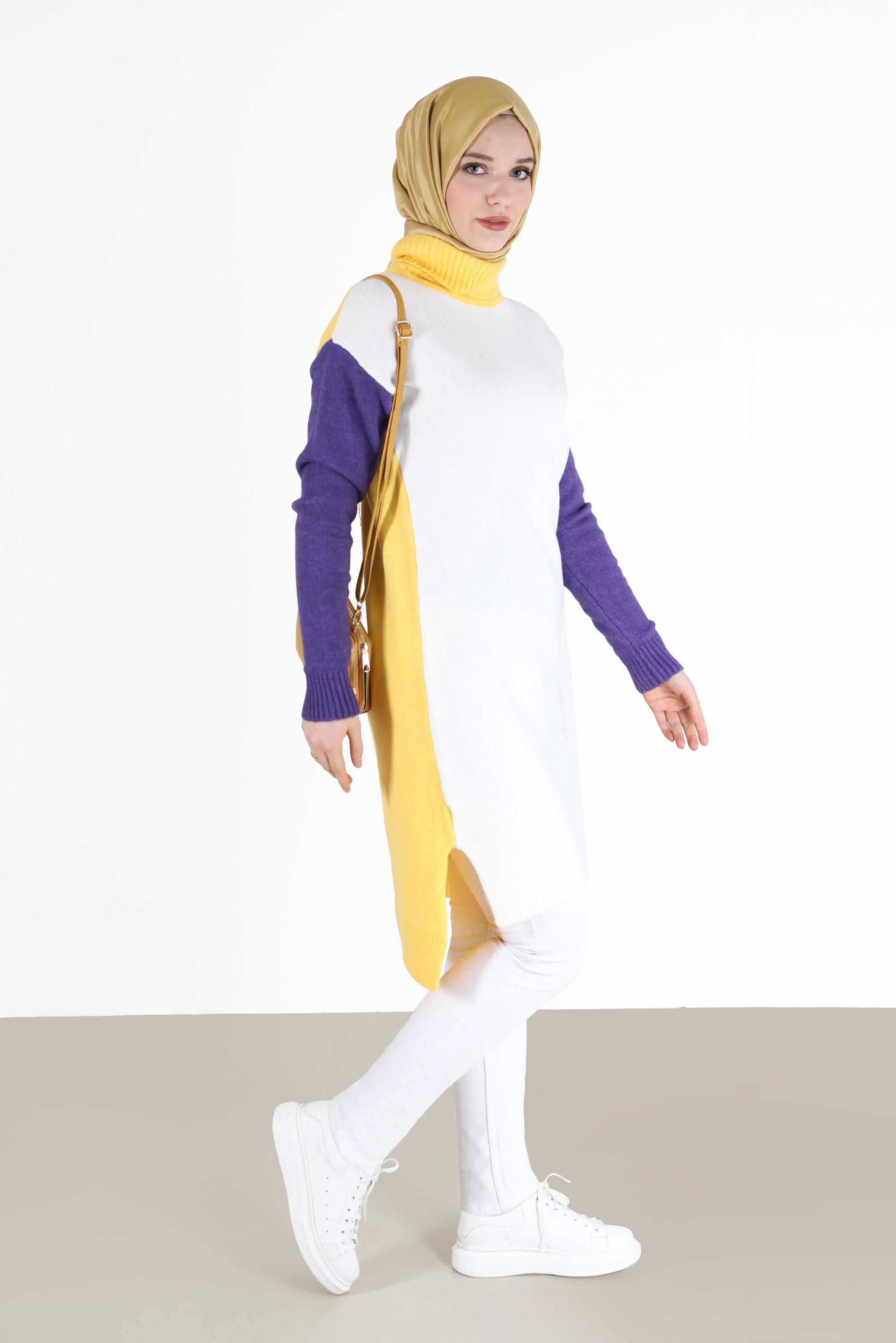 Tesettür giyim BEJ 3 RENKLİ BALIKÇI YAKA TRİKO TUNİK 42054 