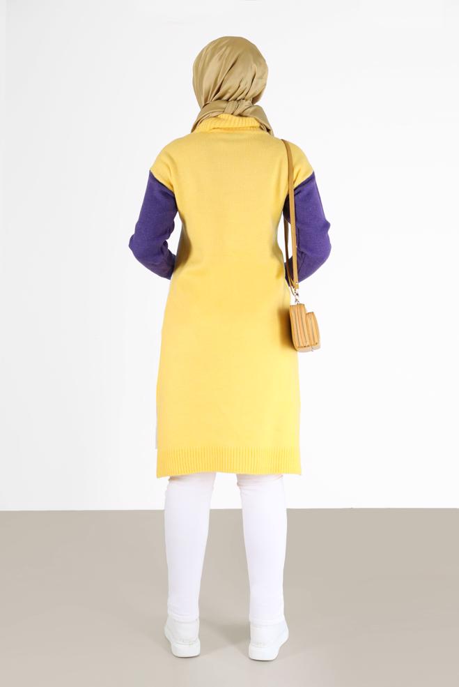 Tesettür giyim BEJ 3 RENKLİ BALIKÇI YAKA TRİKO TUNİK 42054  - ALVİNA