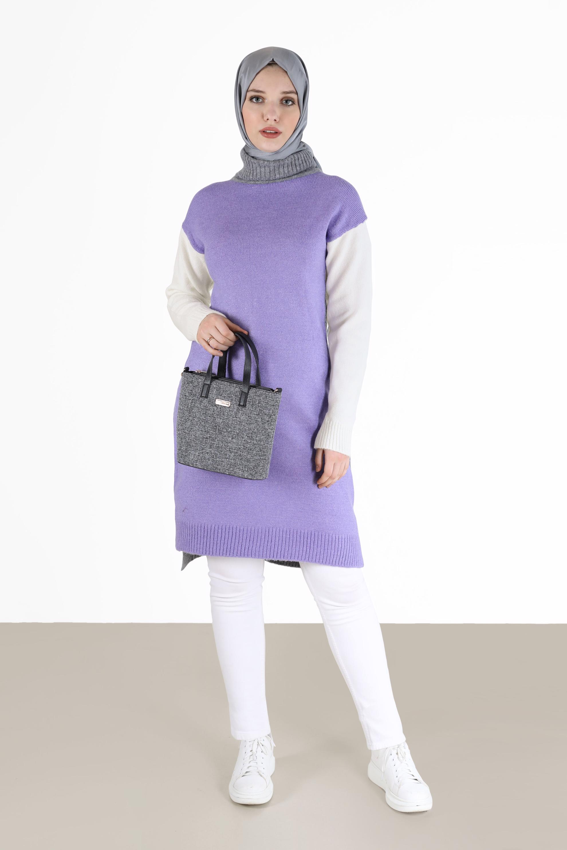 Tesettür giyim MOR 3 RENKLİ BALIKÇI YAKA TRİKO TUNİK 42054 