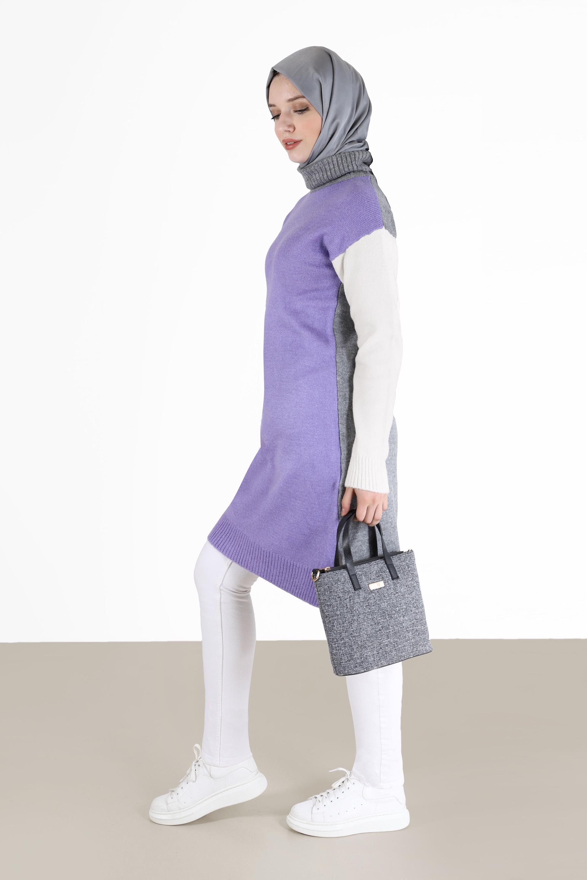 Tesettür giyim MOR 3 RENKLİ BALIKÇI YAKA TRİKO TUNİK 42054 