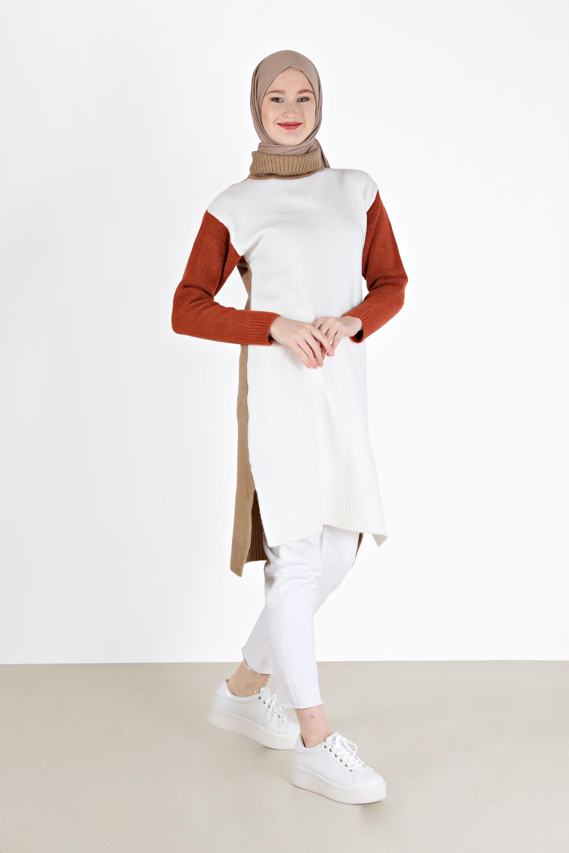 Hijab clothing BEIGE 3-COLORED TURTLENECK KNITWEAR TUNIC 42054 